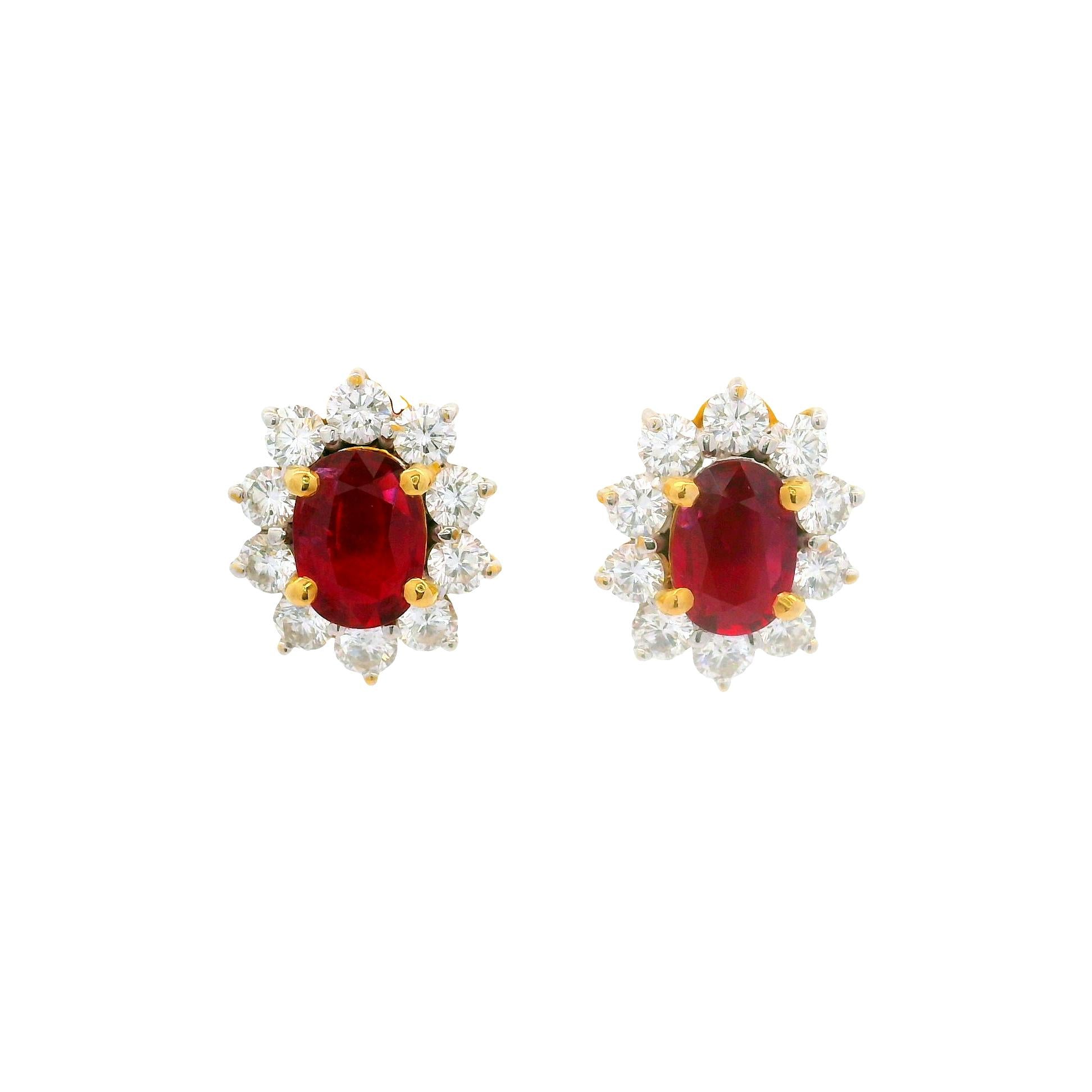 2.34 Carats Ruby Diamond 18k Yellow Gold Halo Earrings, GIA Certified