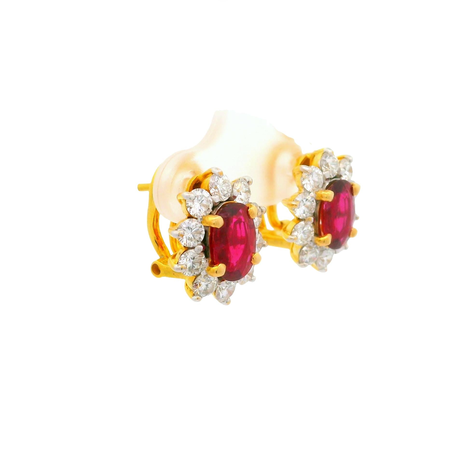 2.34 Carats Ruby Diamond 18k Yellow Gold Halo Earrings, GIA Certified