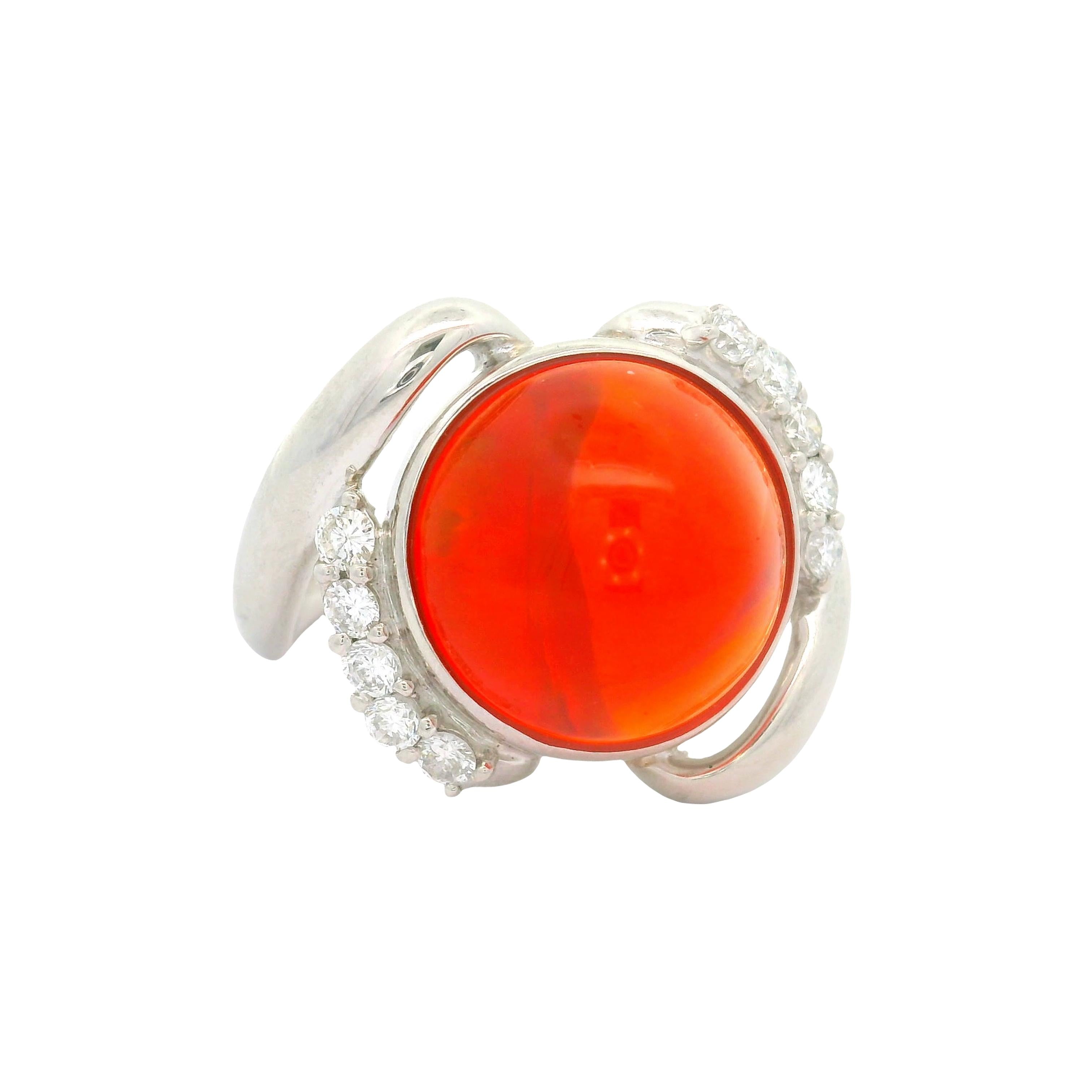 6.77 Carat Mexican Fire Opal Diamond Platinum Ribbon Ring