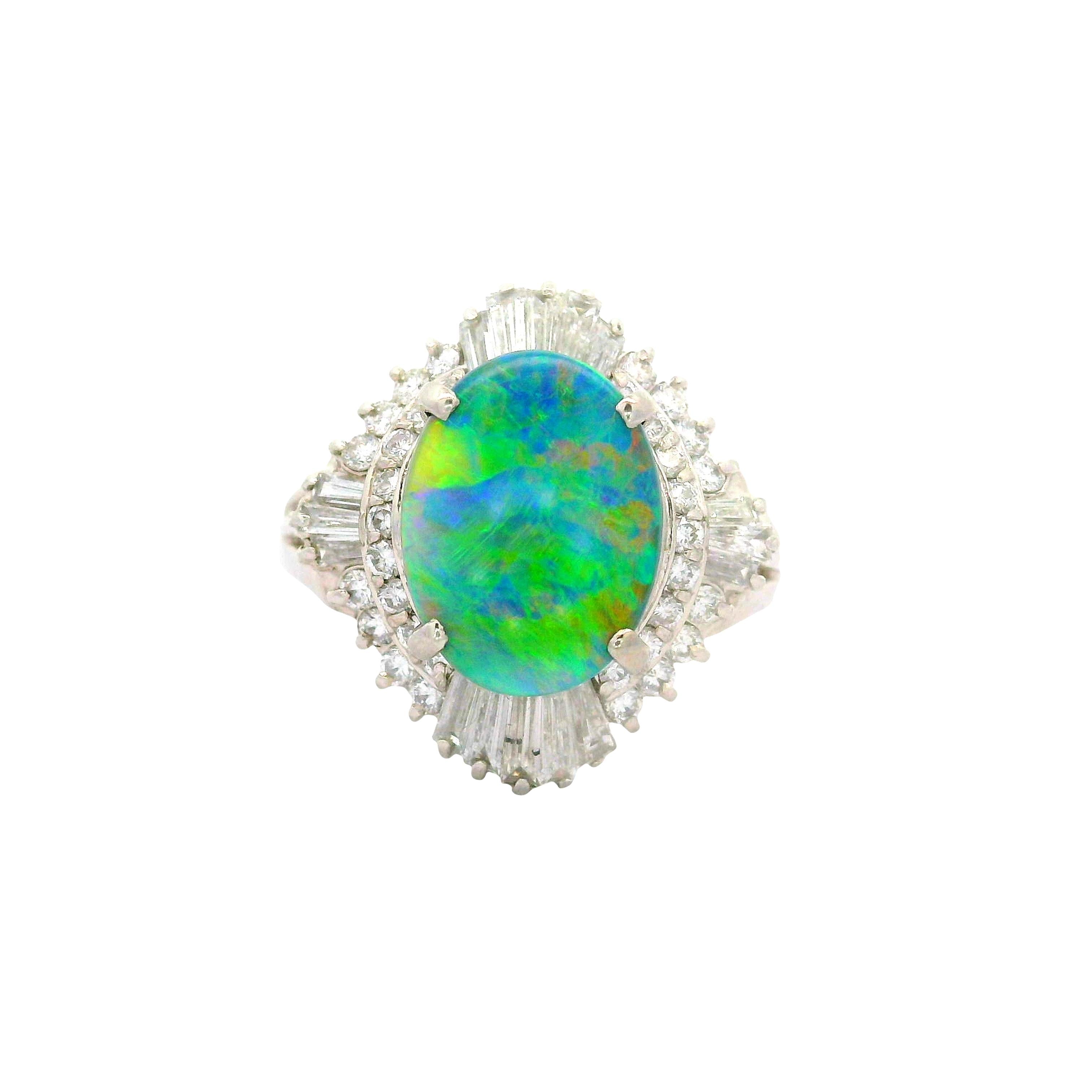 1.75 Carat Australian Black Opal Diamond Platinum Ballerina Ring