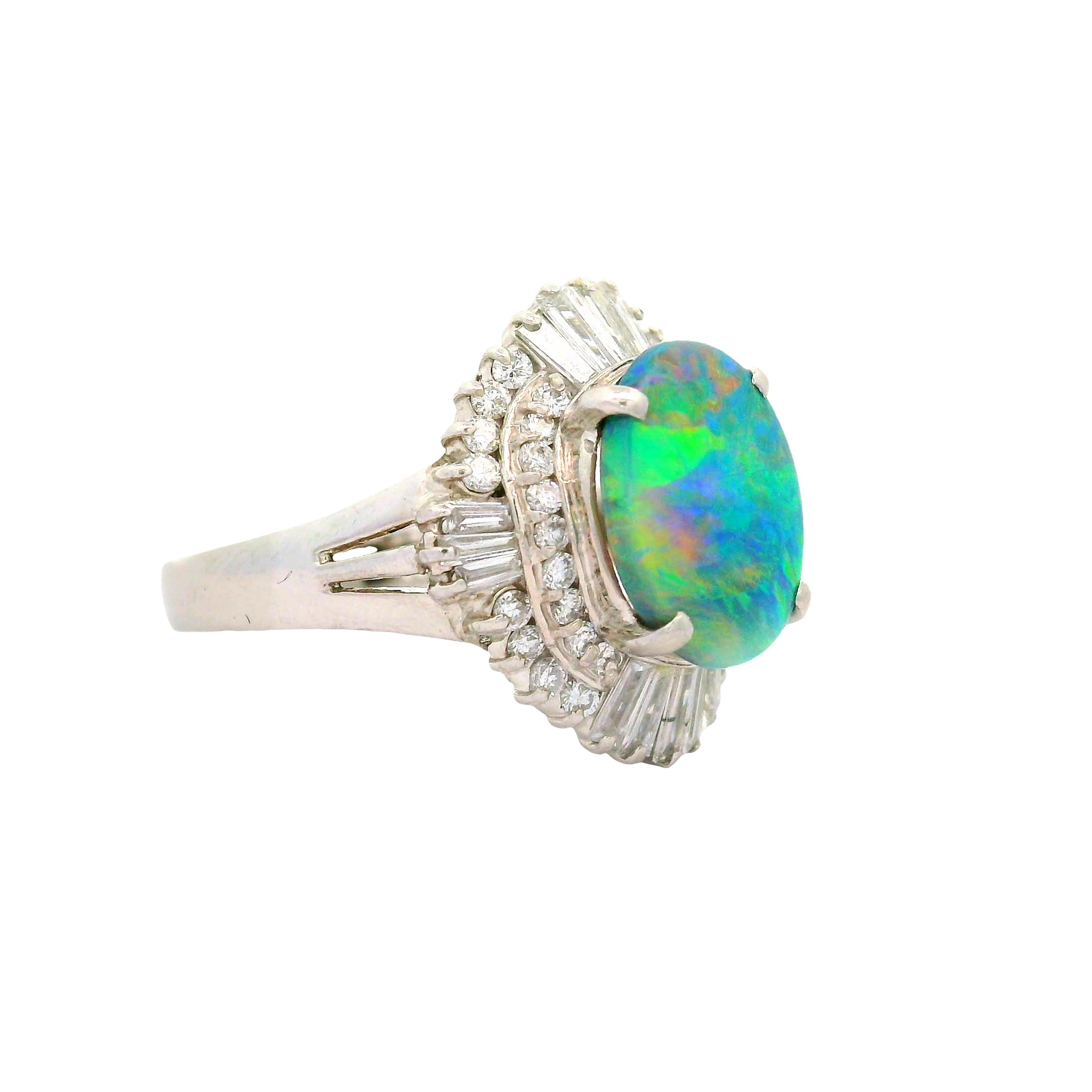 1.75 Carat Australian Black Opal Diamond Platinum Ballerina Ring