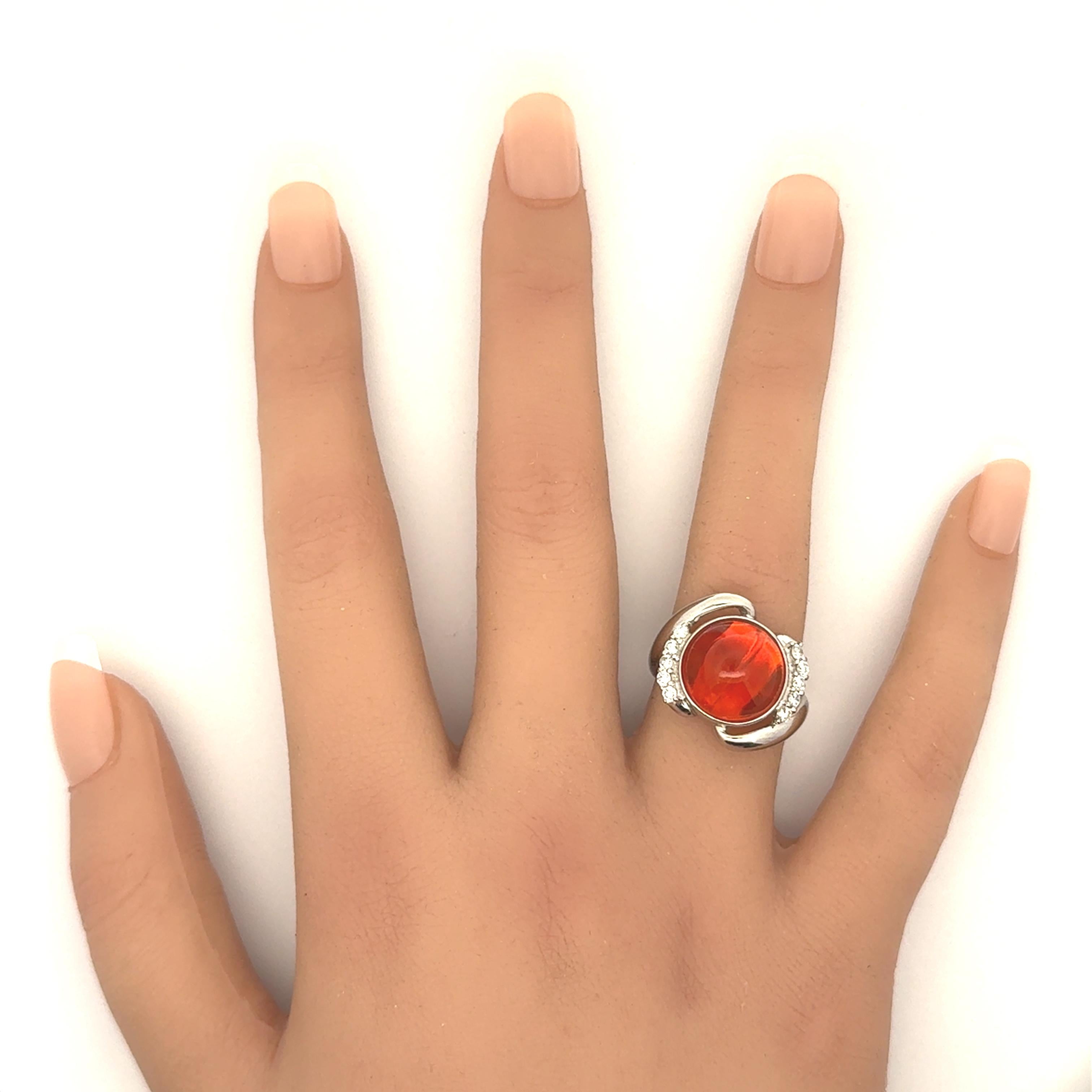 6.77 Carat Mexican Fire Opal Diamond Platinum Ribbon Ring