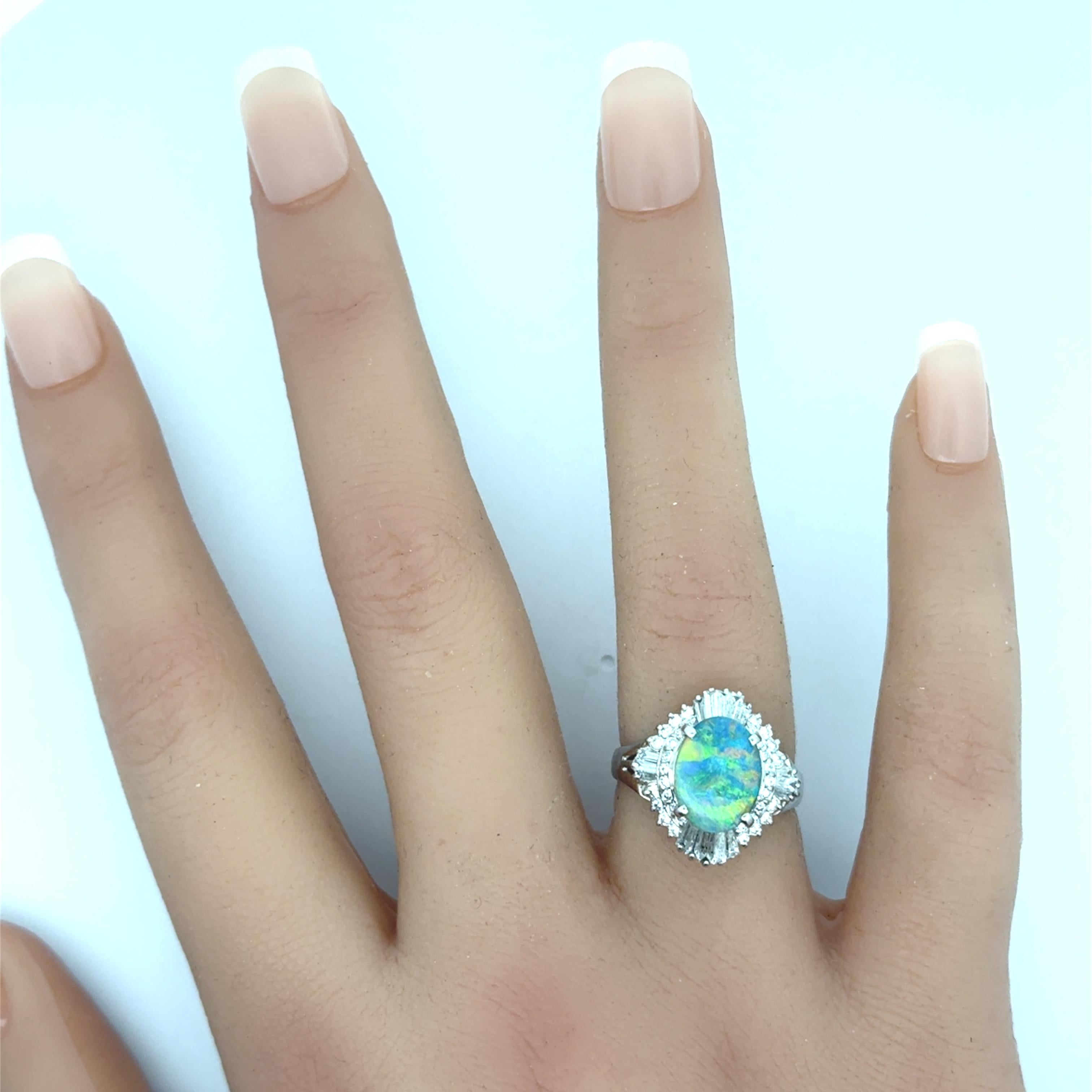 1.75 Carat Australian Black Opal Diamond Platinum Ballerina Ring