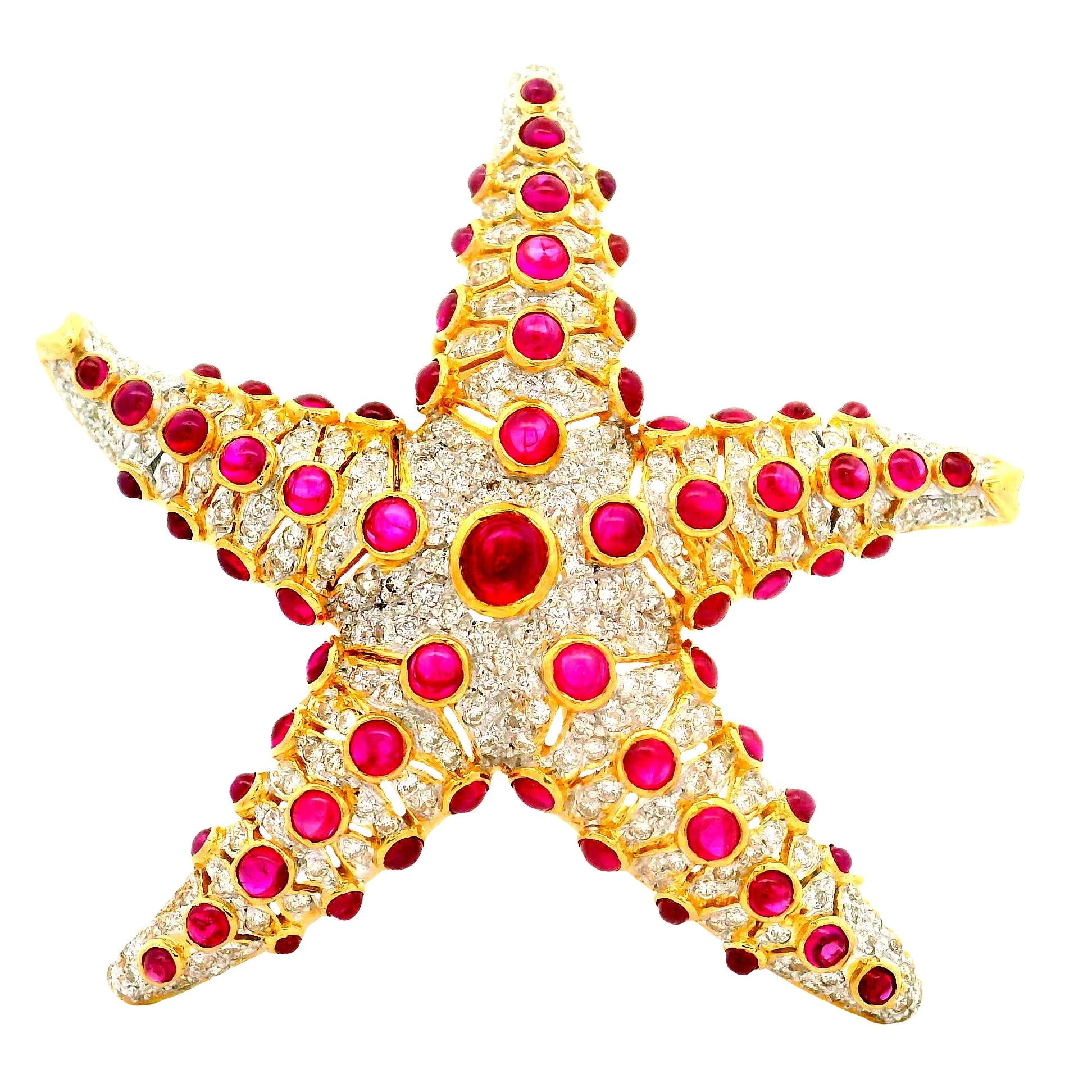 Ruby Diamond 18K Yellow Gold Starfish Brooch