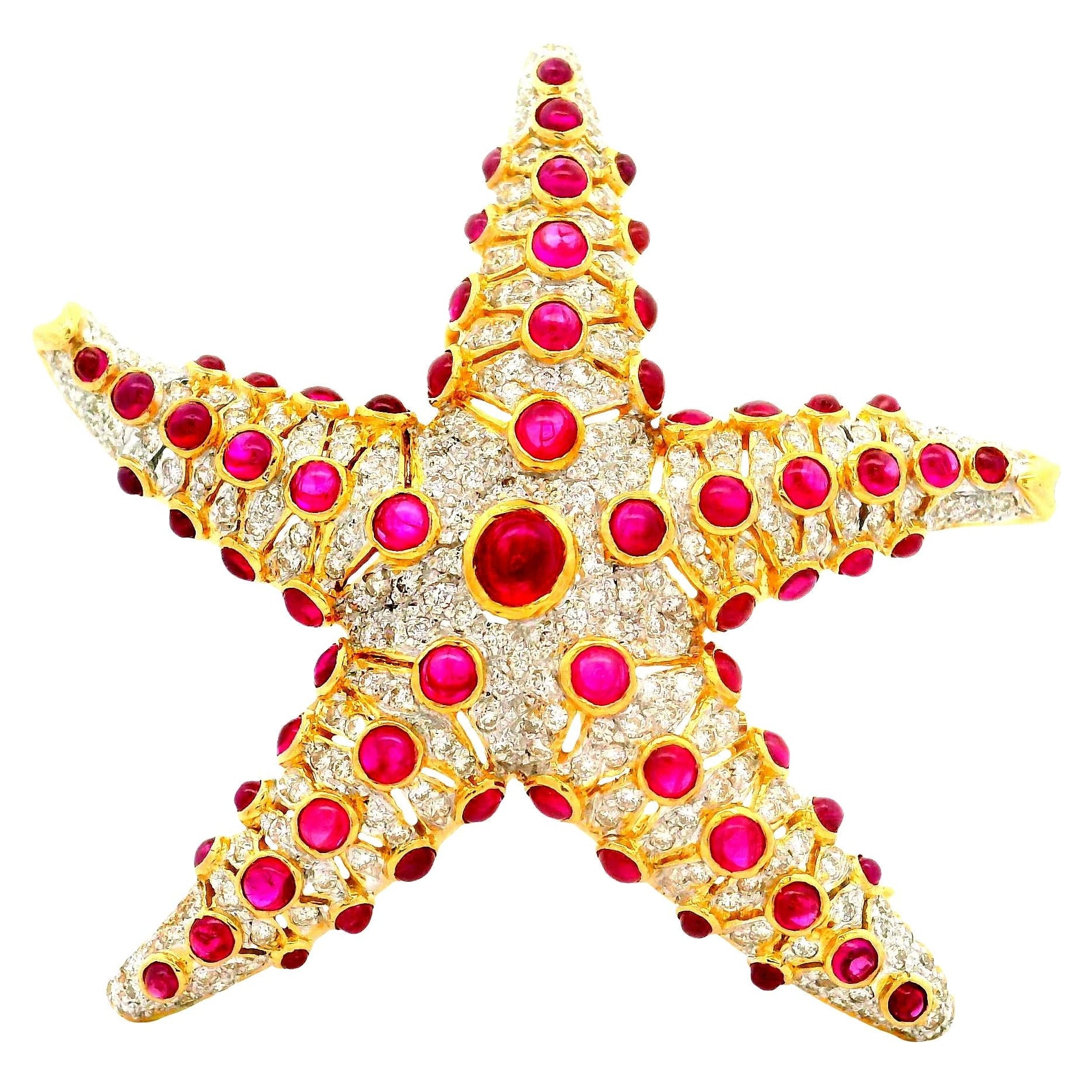 Ruby Diamond 18K Yellow Gold Starfish Brooch