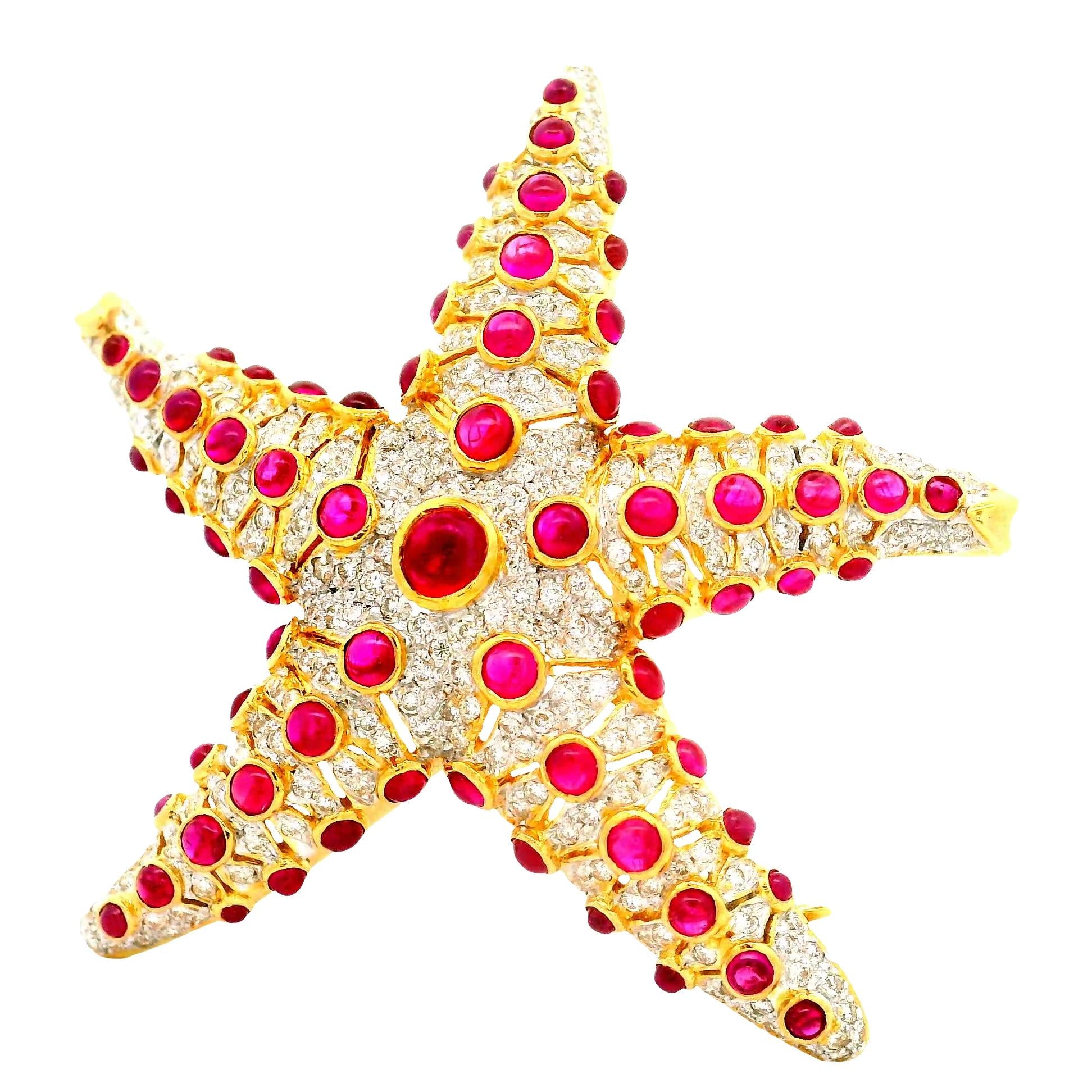 Ruby Diamond 18K Yellow Gold Starfish Brooch
