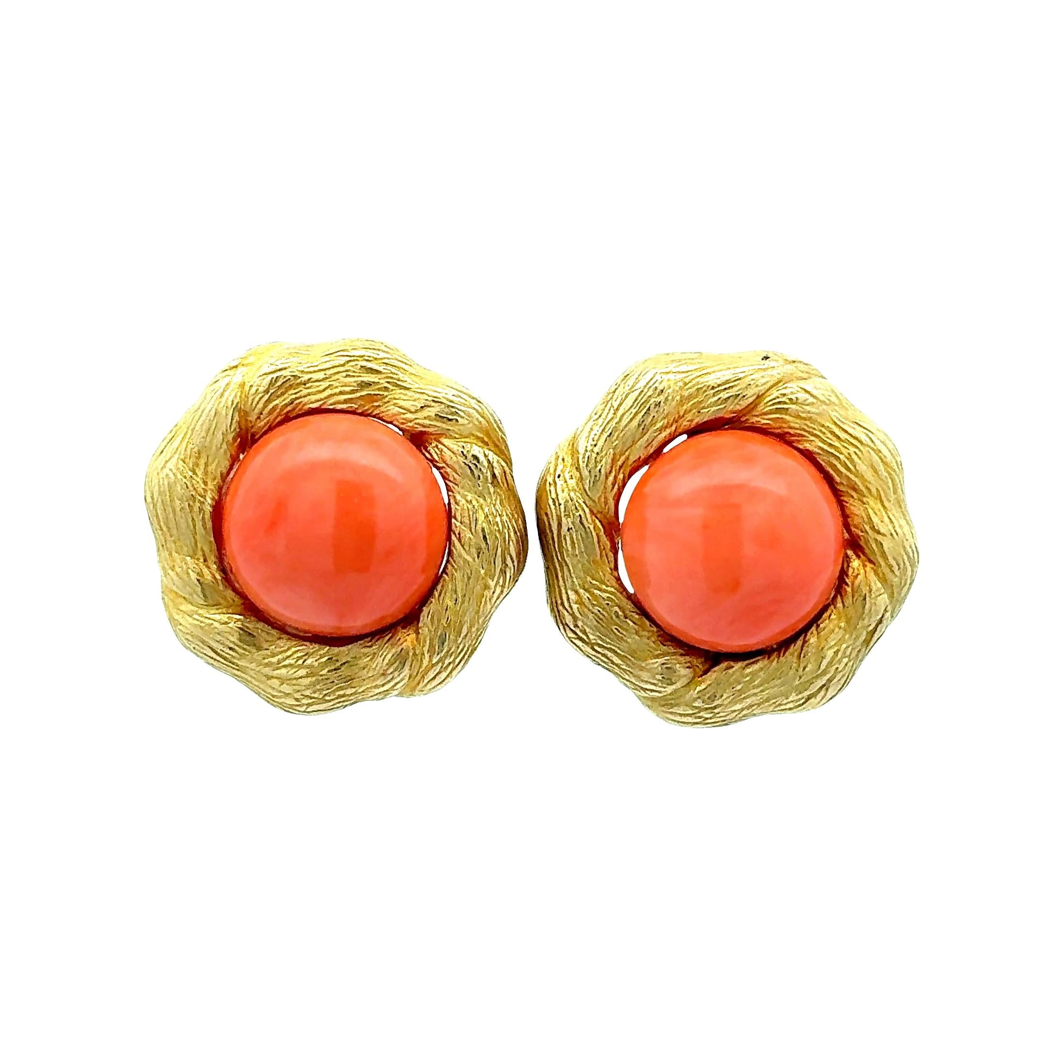 Orange Coral 14K Yellow Gold Vintage Clip Earrings