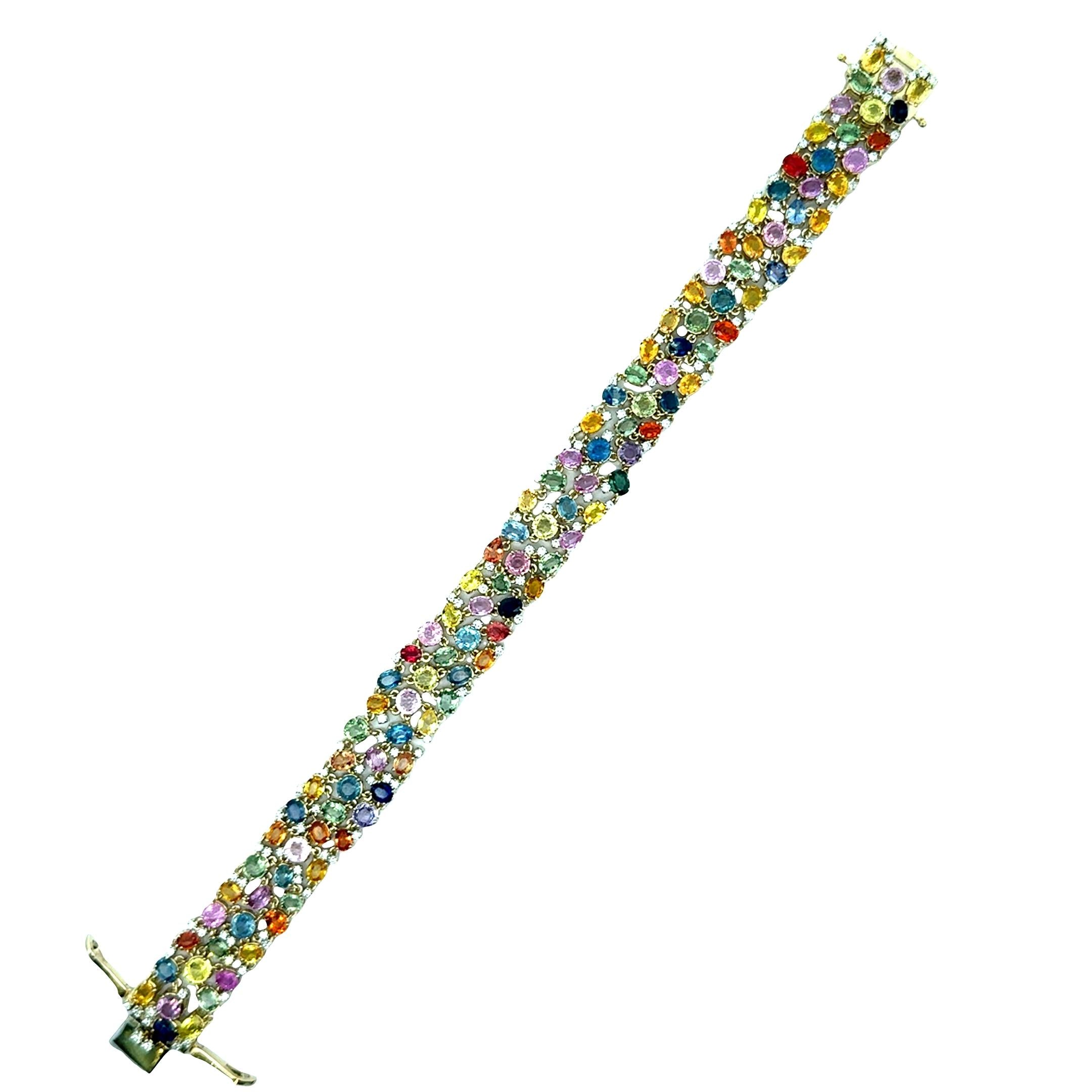 Multi-Colored Sapphire Diamond 14K Yellow Gold Flexible Bracelet