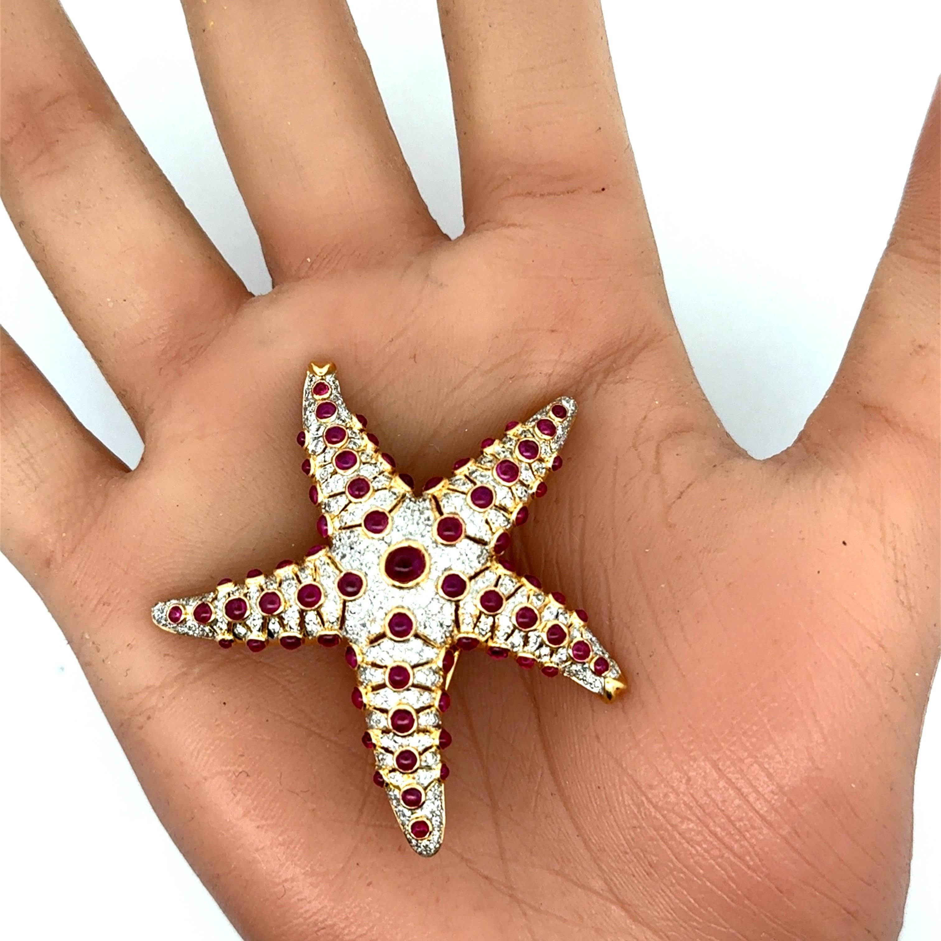 Ruby Diamond 18K Yellow Gold Starfish Brooch