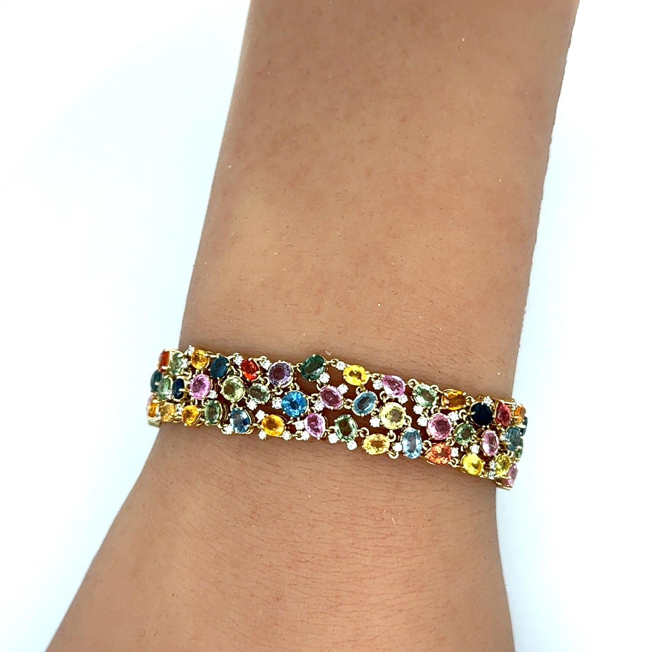 Multi-Colored Sapphire Diamond 14K Yellow Gold Flexible Bracelet