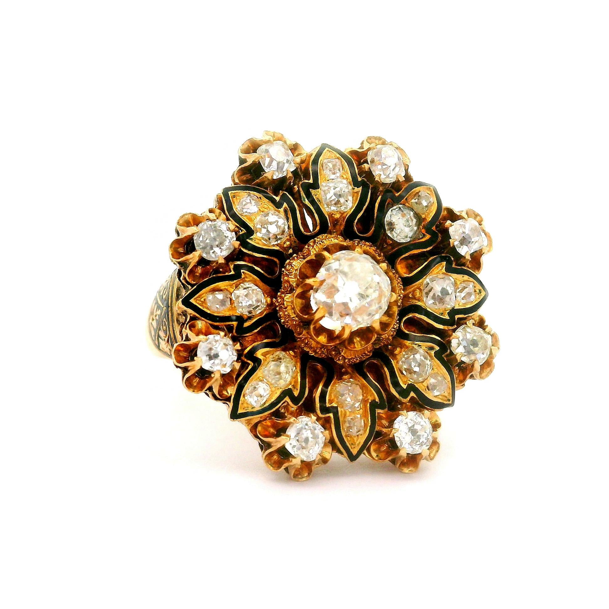 Antique Diamond 14K Yellow Gold Flower Ring