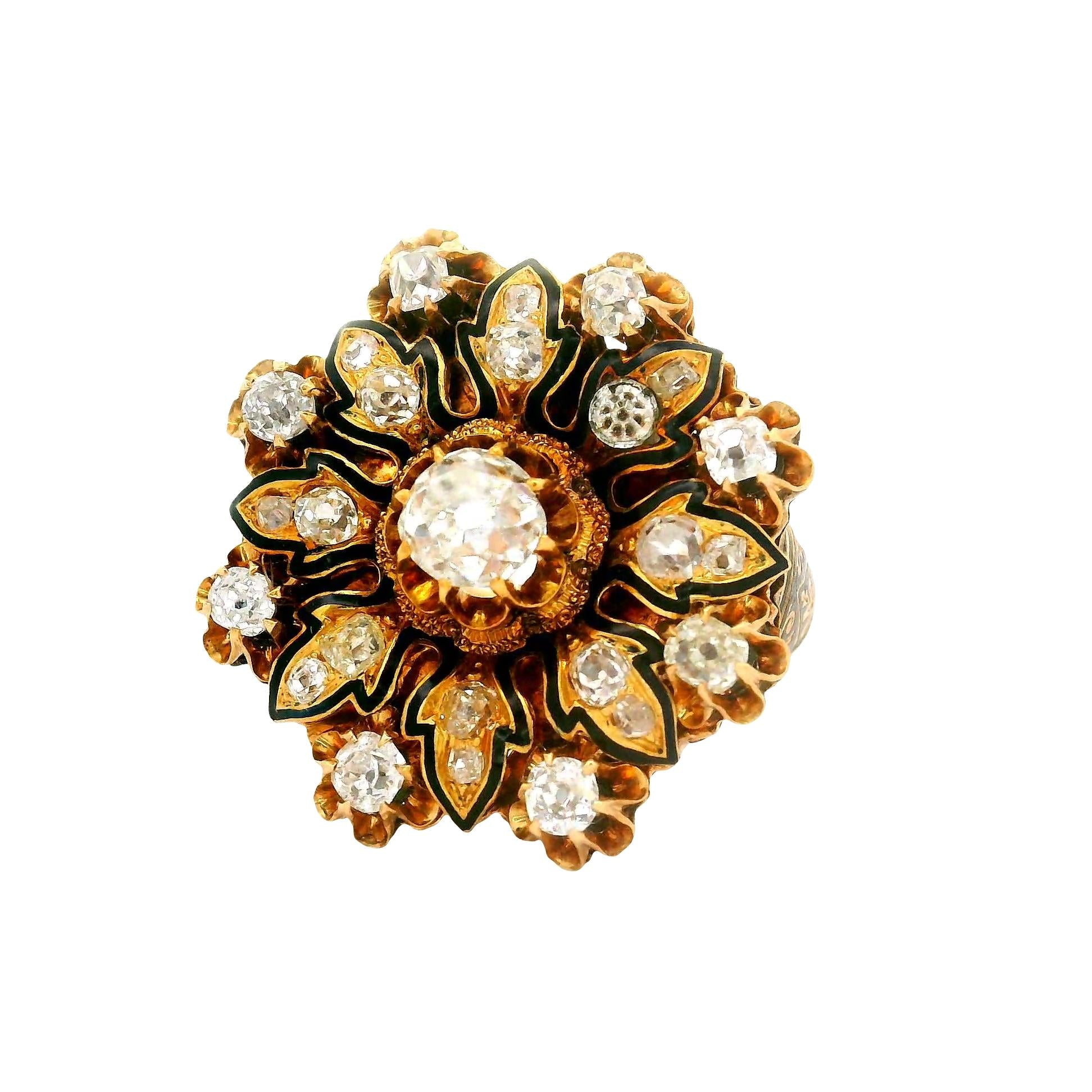 Antique Diamond 14K Yellow Gold Flower Ring