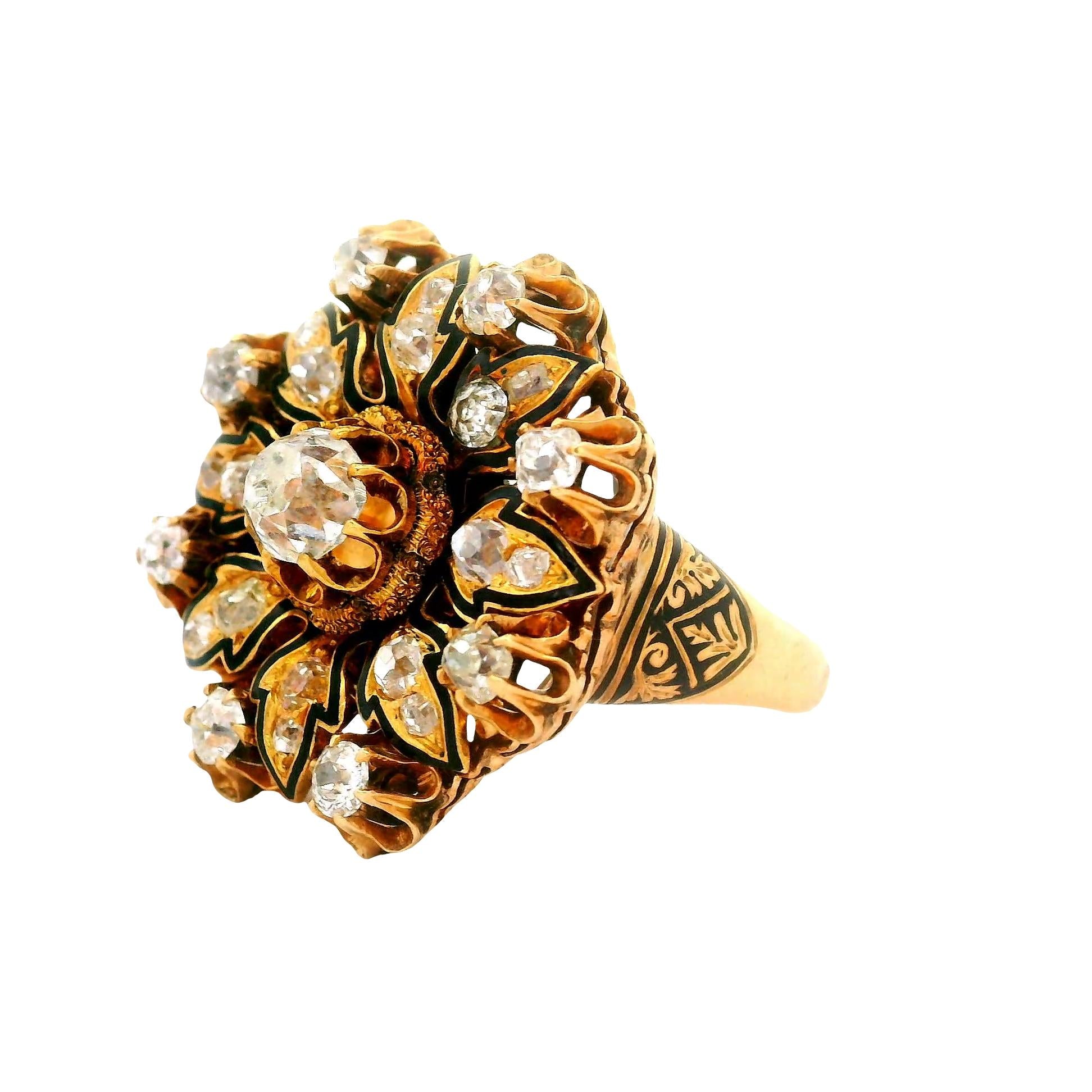 Antique Diamond 14K Yellow Gold Flower Ring