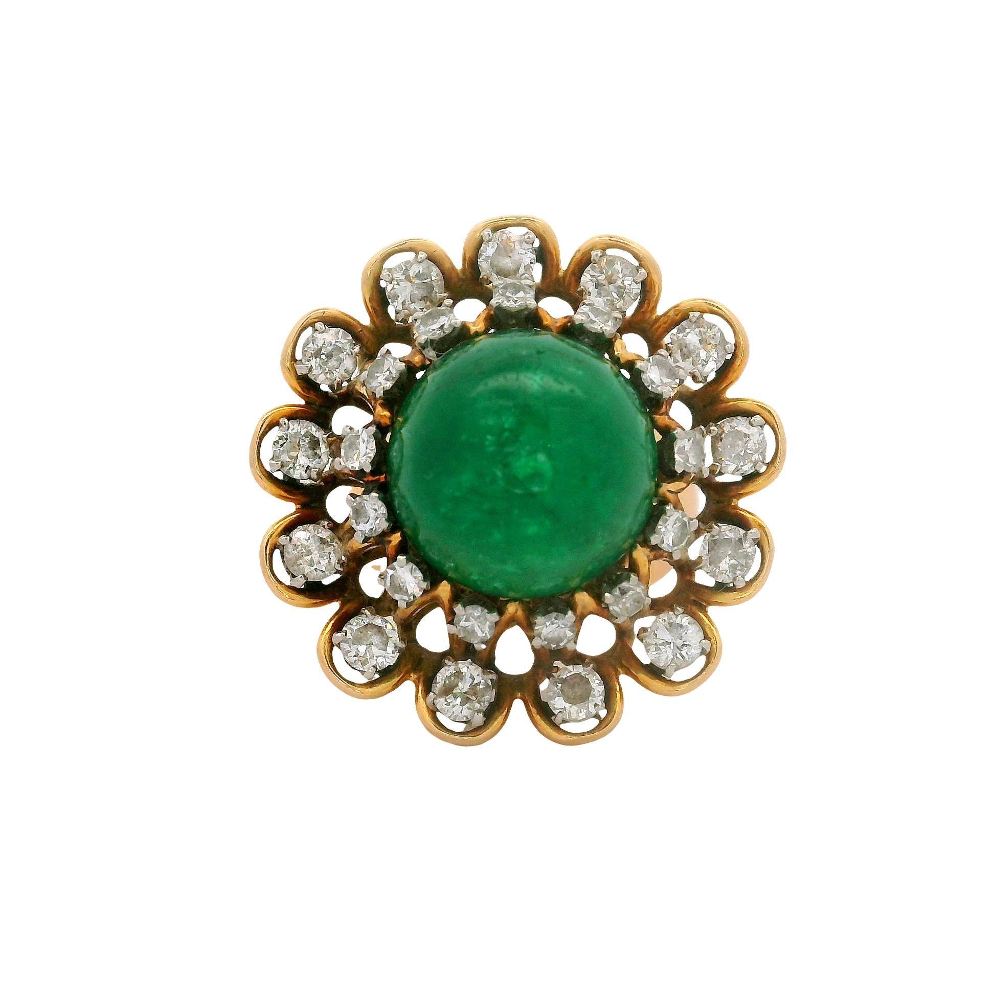 French 6.00 Carat Emerald Diamond 18K Yellow Gold Double Halo Ring