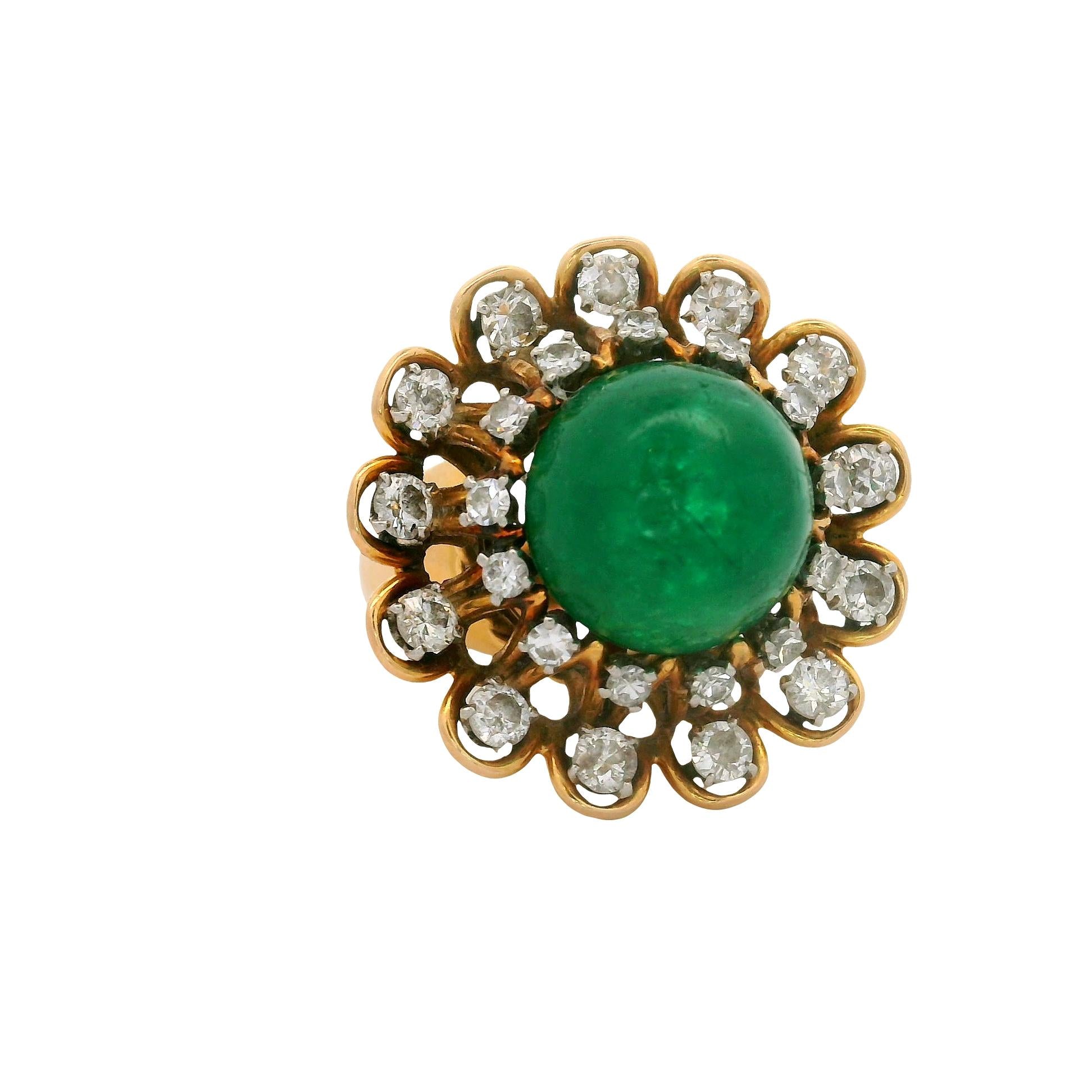 French 6.00 Carat Emerald Diamond 18K Yellow Gold Double Halo Ring