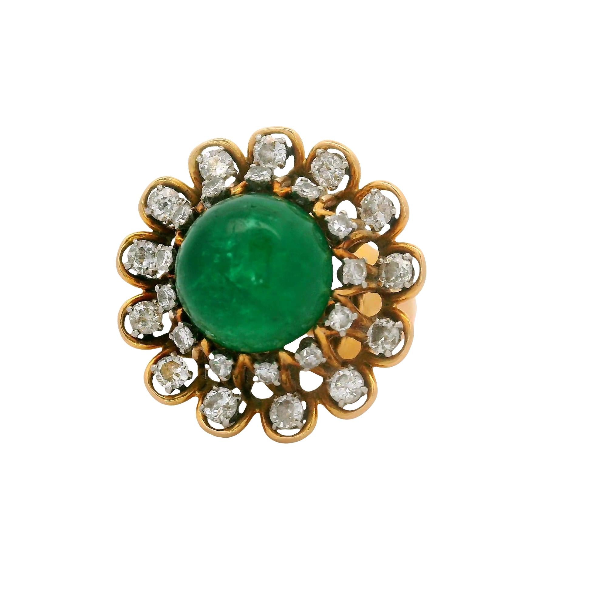 French 6.00 Carat Emerald Diamond 18K Yellow Gold Double Halo Ring