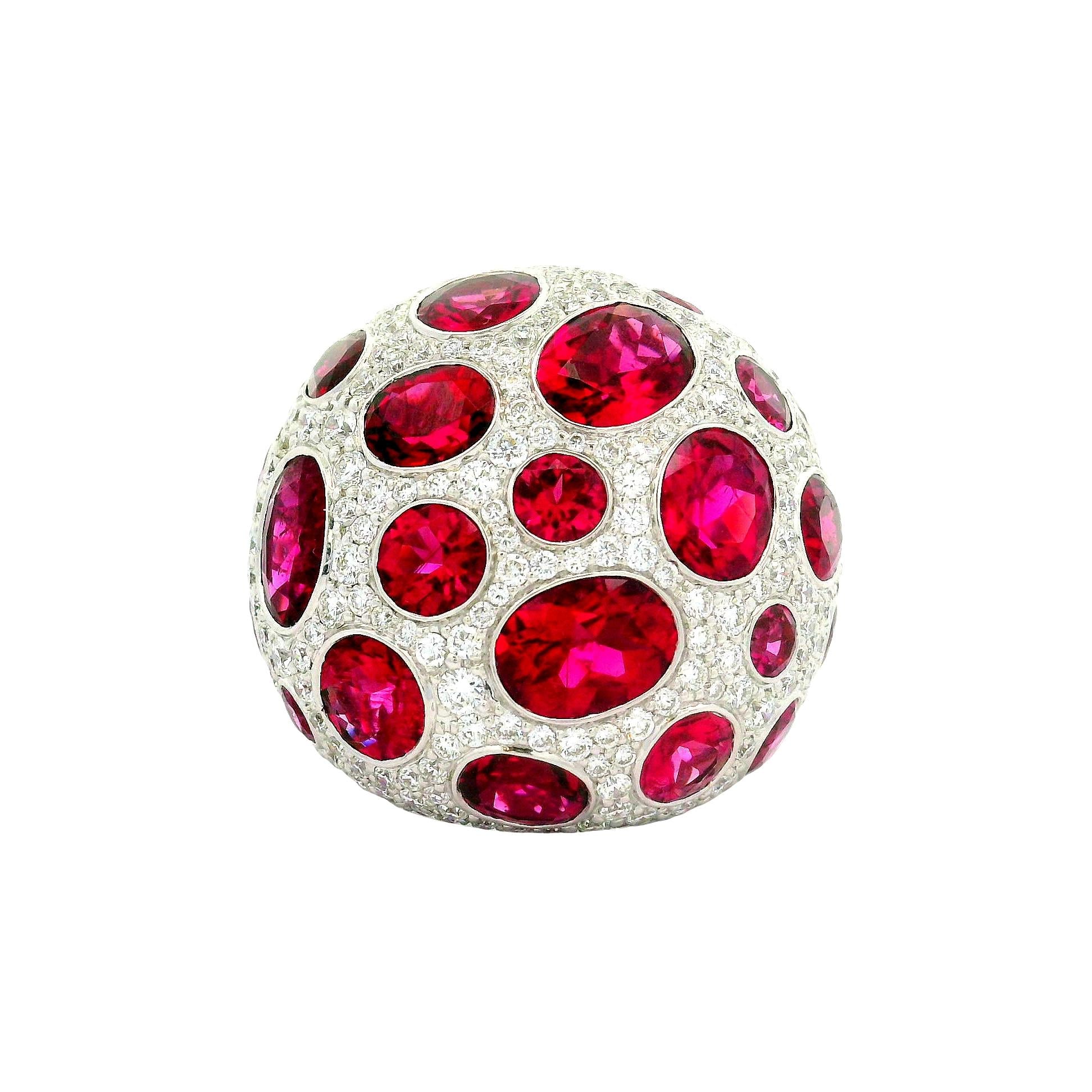 Rubellite Tourmaline Diamond 18K White Gold Dome Cocktail Ring