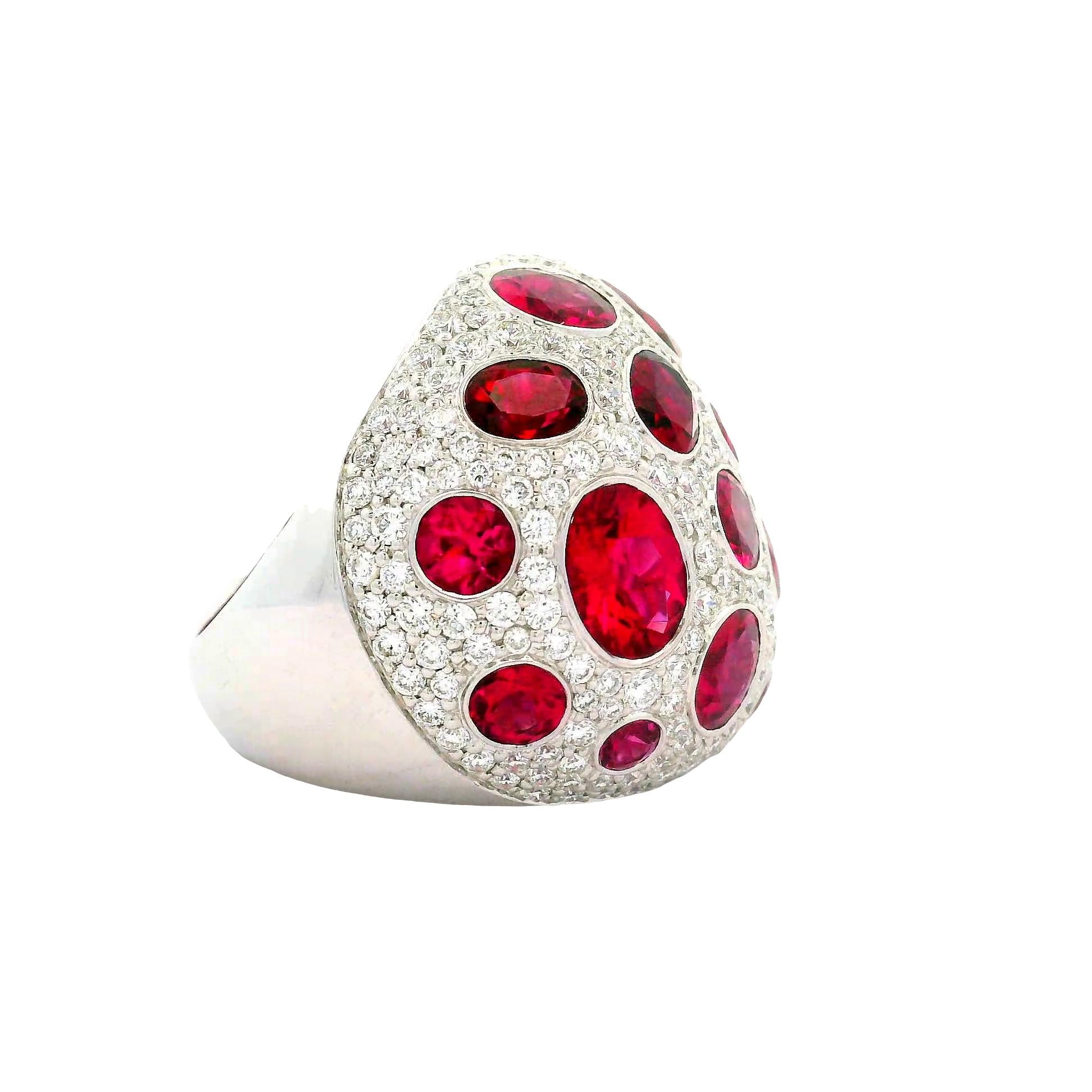 Rubellite Tourmaline Diamond 18K White Gold Dome Cocktail Ring