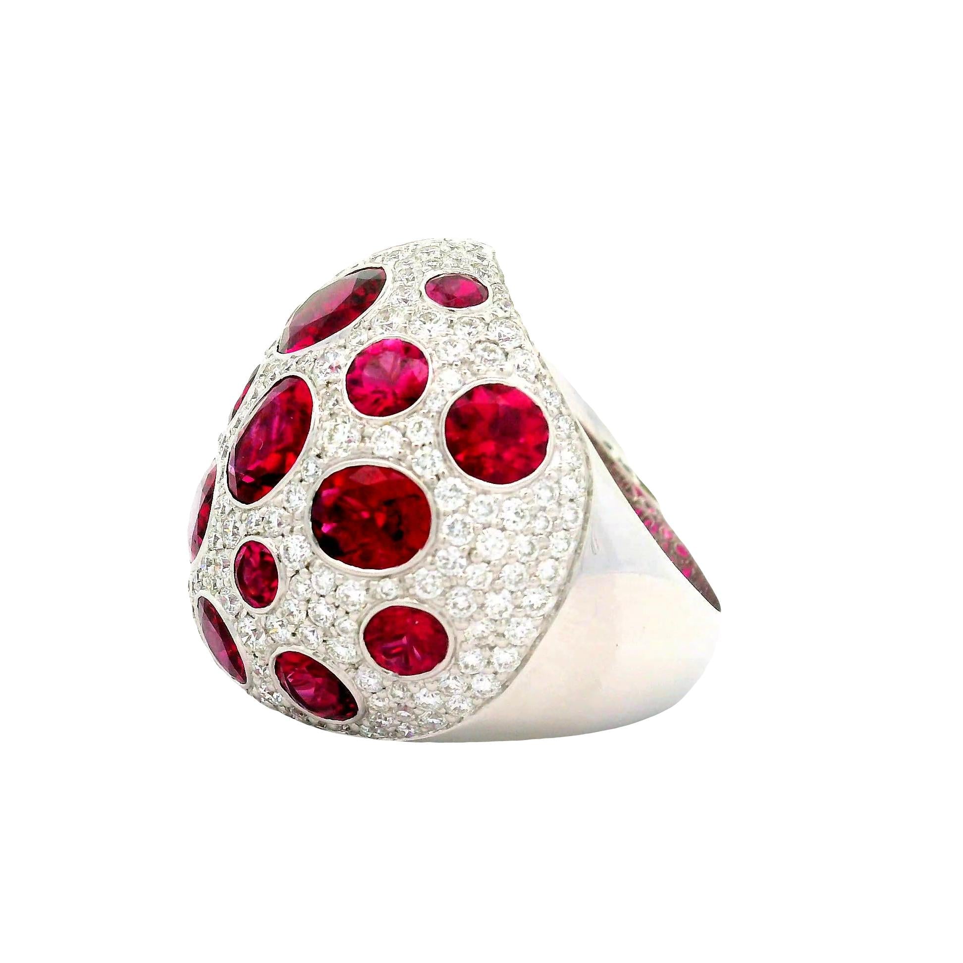 Rubellite Tourmaline Diamond 18K White Gold Dome Cocktail Ring
