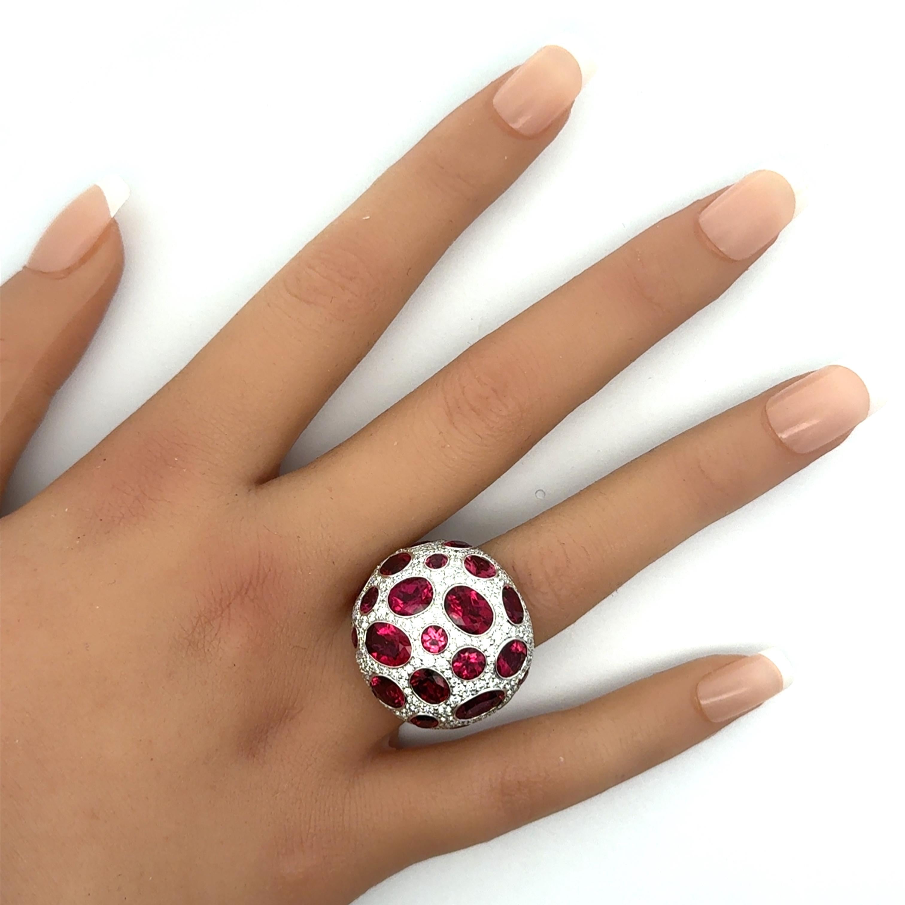 Rubellite Tourmaline Diamond 18K White Gold Dome Cocktail Ring