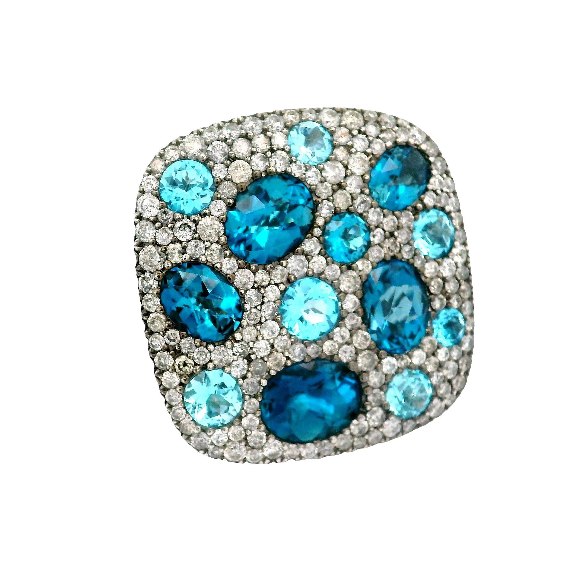 Blue Topaz Diamond 18K White Gold Pave Flat-top Ring