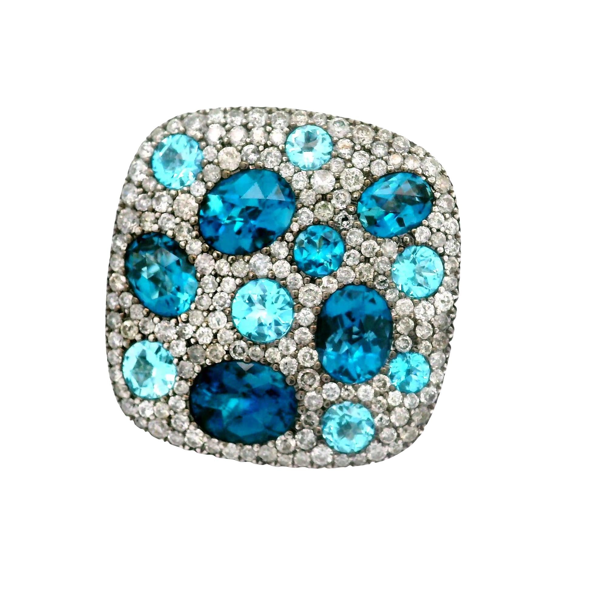Blue Topaz Diamond 18K White Gold Pave Flat-top Ring