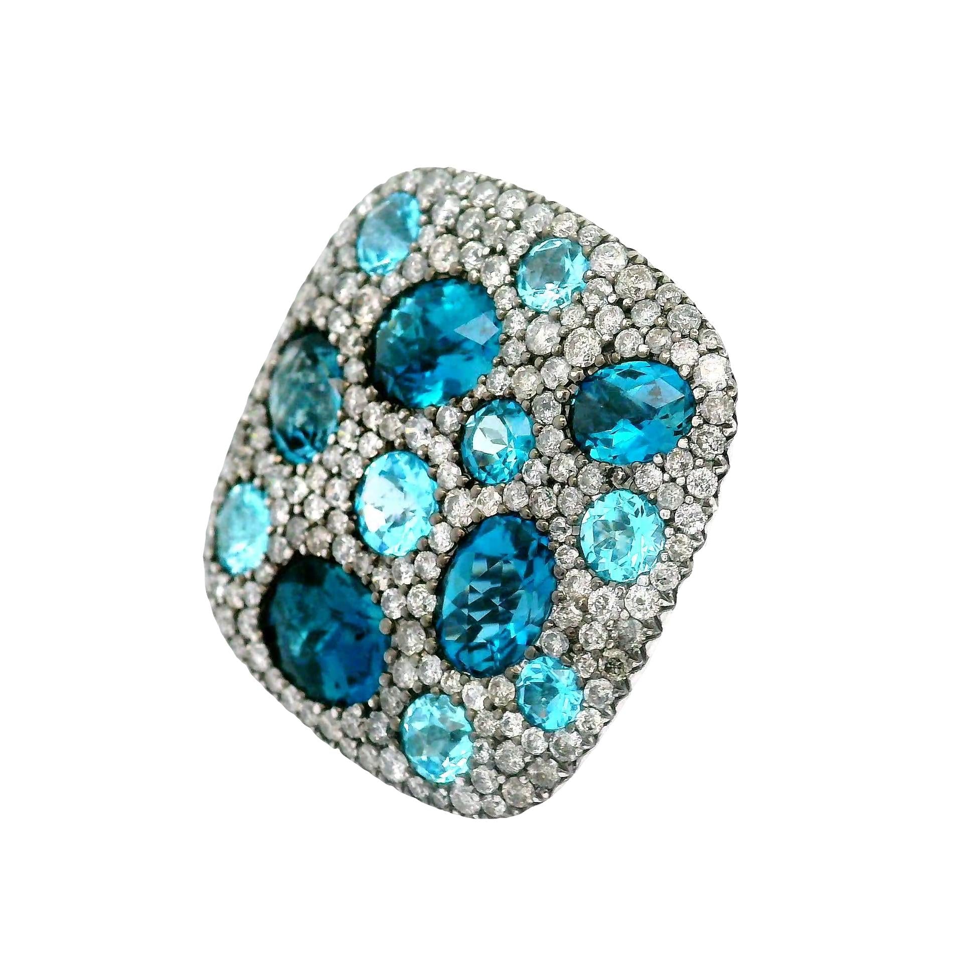 Blue Topaz Diamond 18K White Gold Pave Flat-top Ring