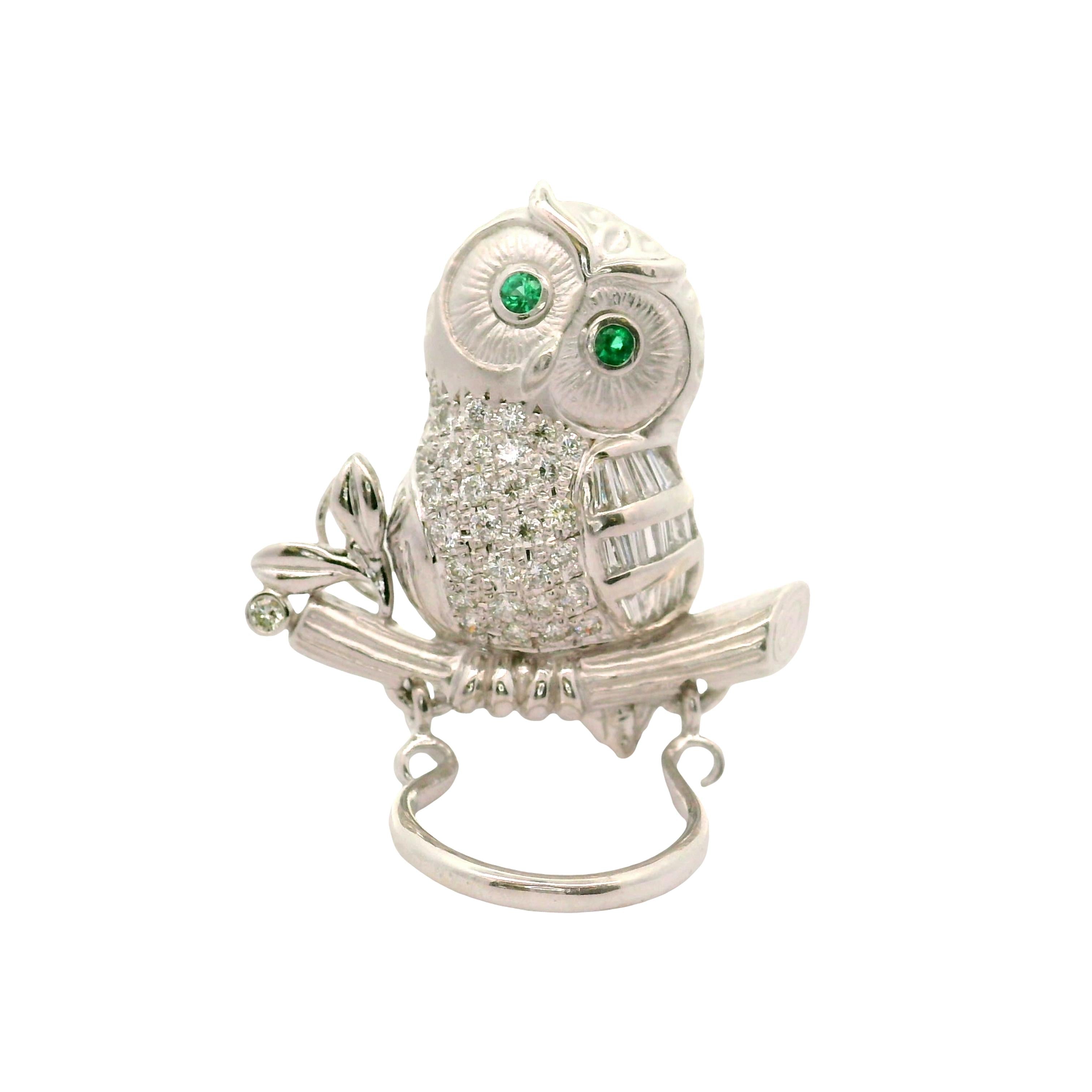 Diamond Emerald 18K White Gold Owl Brooch-Pendant