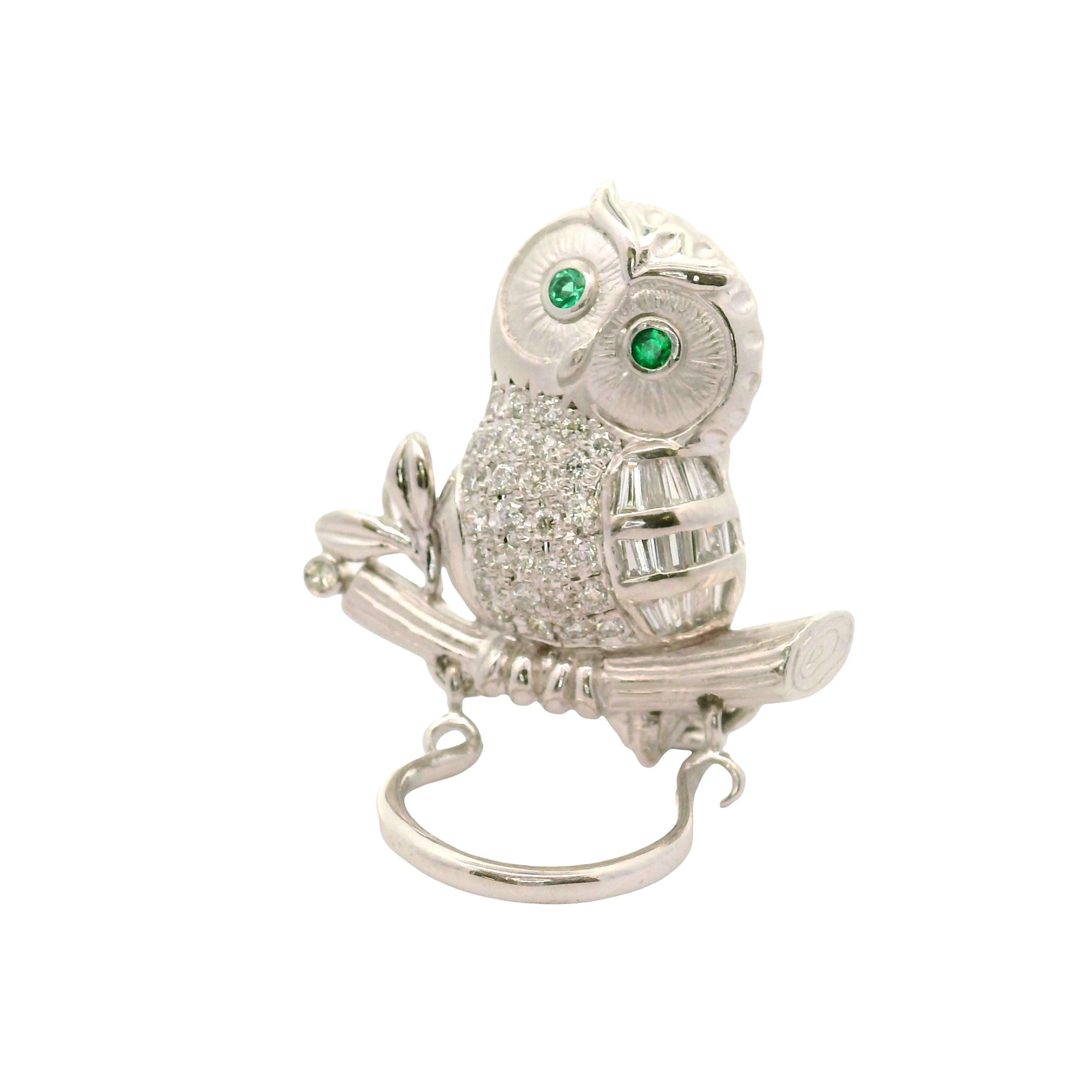 Diamond Emerald 18K White Gold Owl Brooch-Pendant