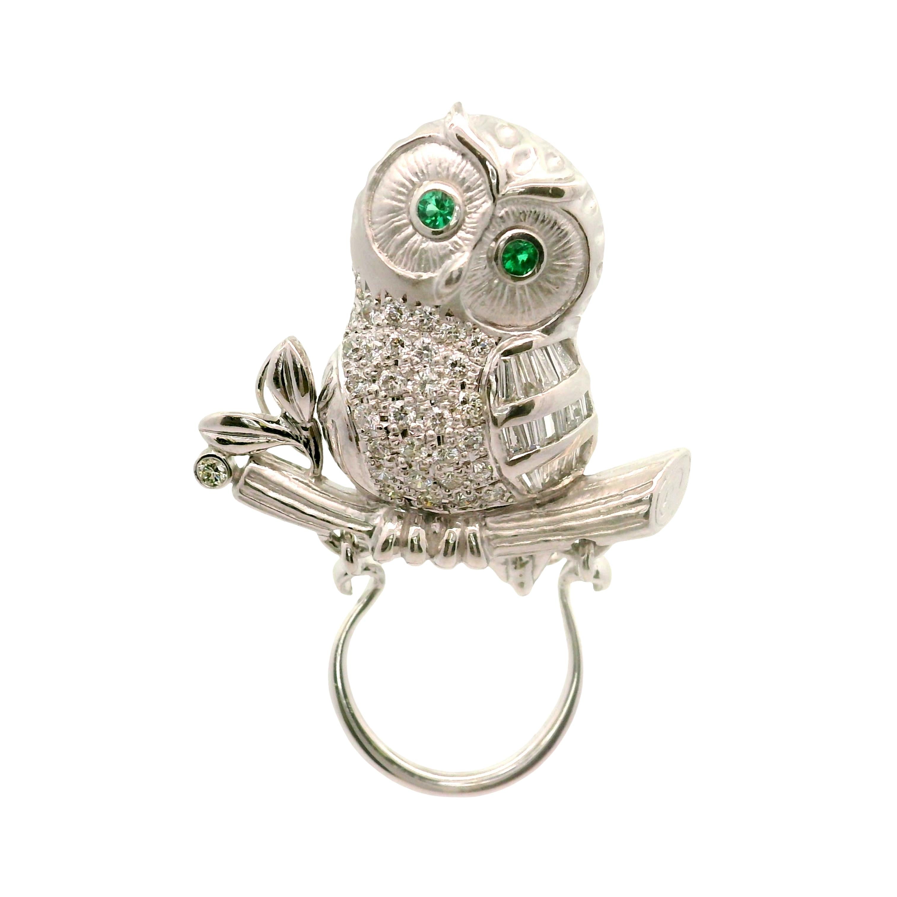 Diamond Emerald 18K White Gold Owl Brooch-Pendant