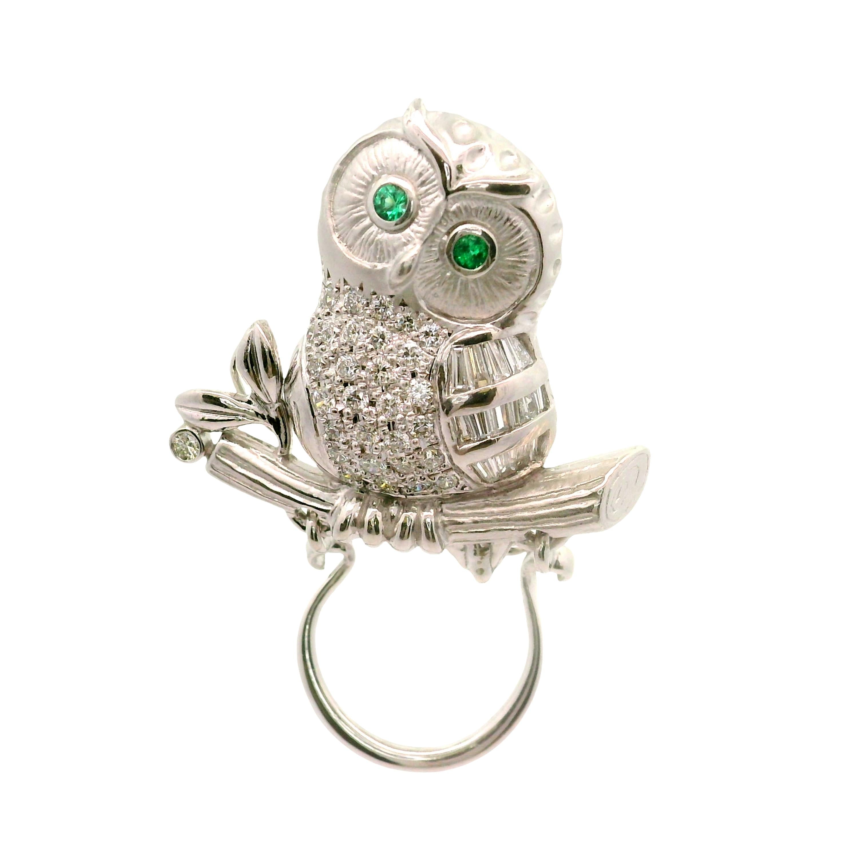 Diamond Emerald 18K White Gold Owl Brooch-Pendant