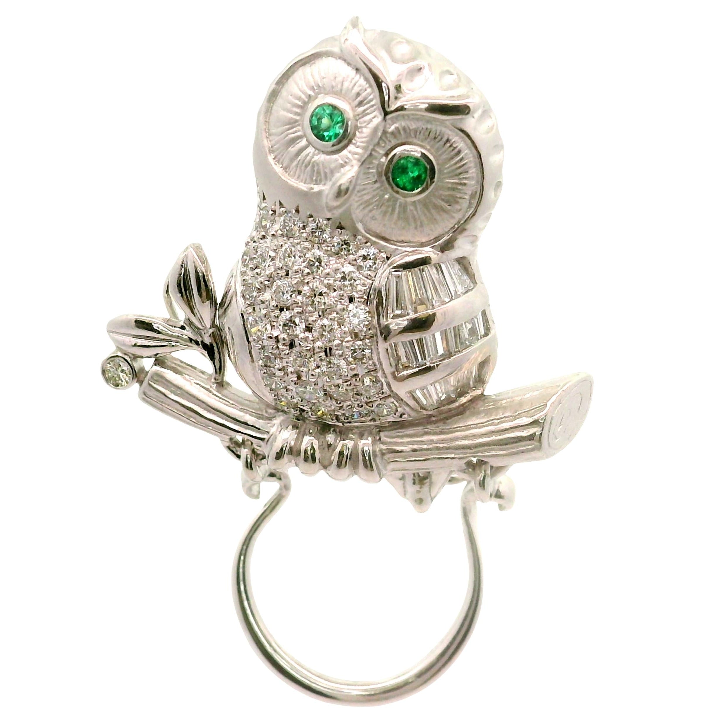 Diamond Emerald 18K White Gold Owl Brooch-Pendant
