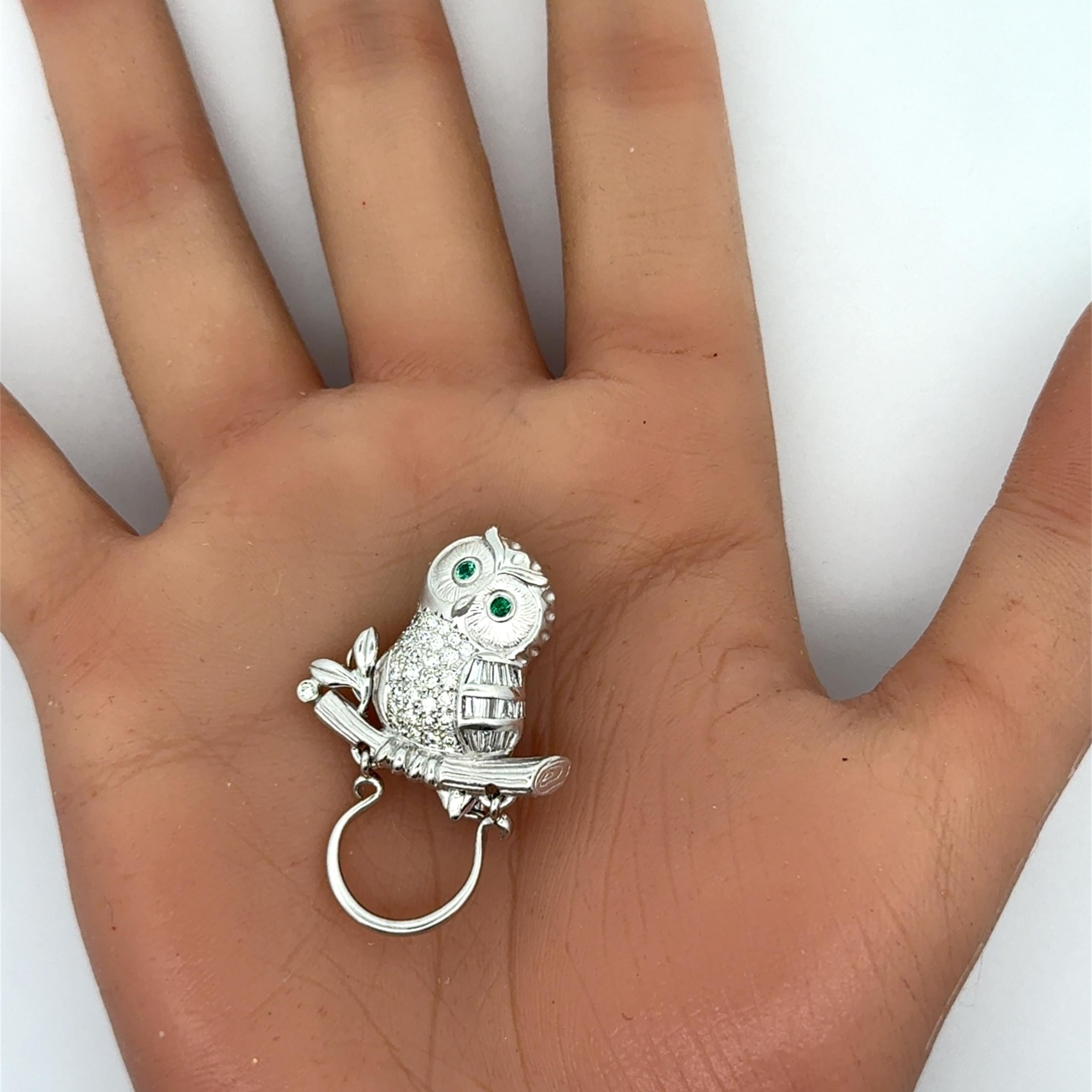 Diamond Emerald 18K White Gold Owl Brooch-Pendant