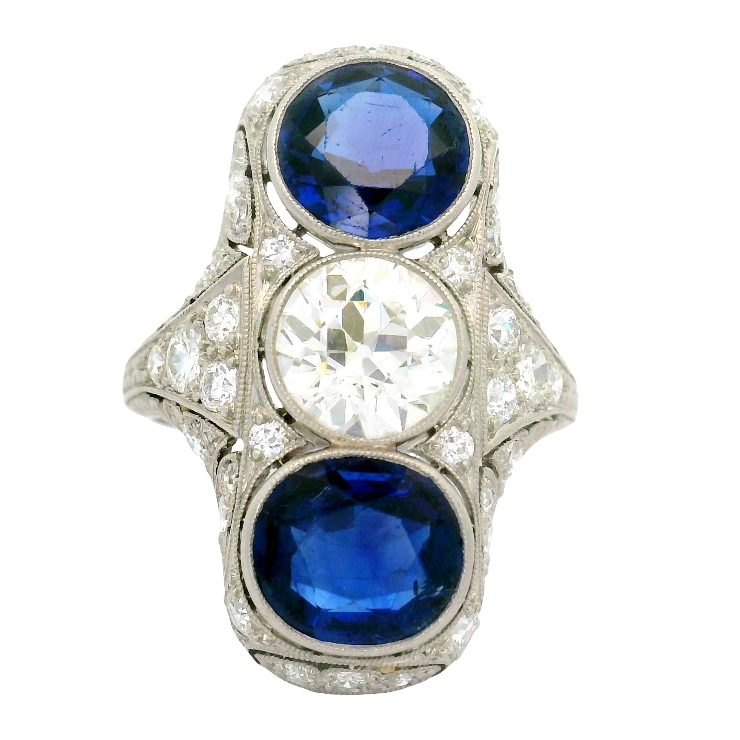 Art Deco Blue Sapphire Diamond Platinum Navette Ring