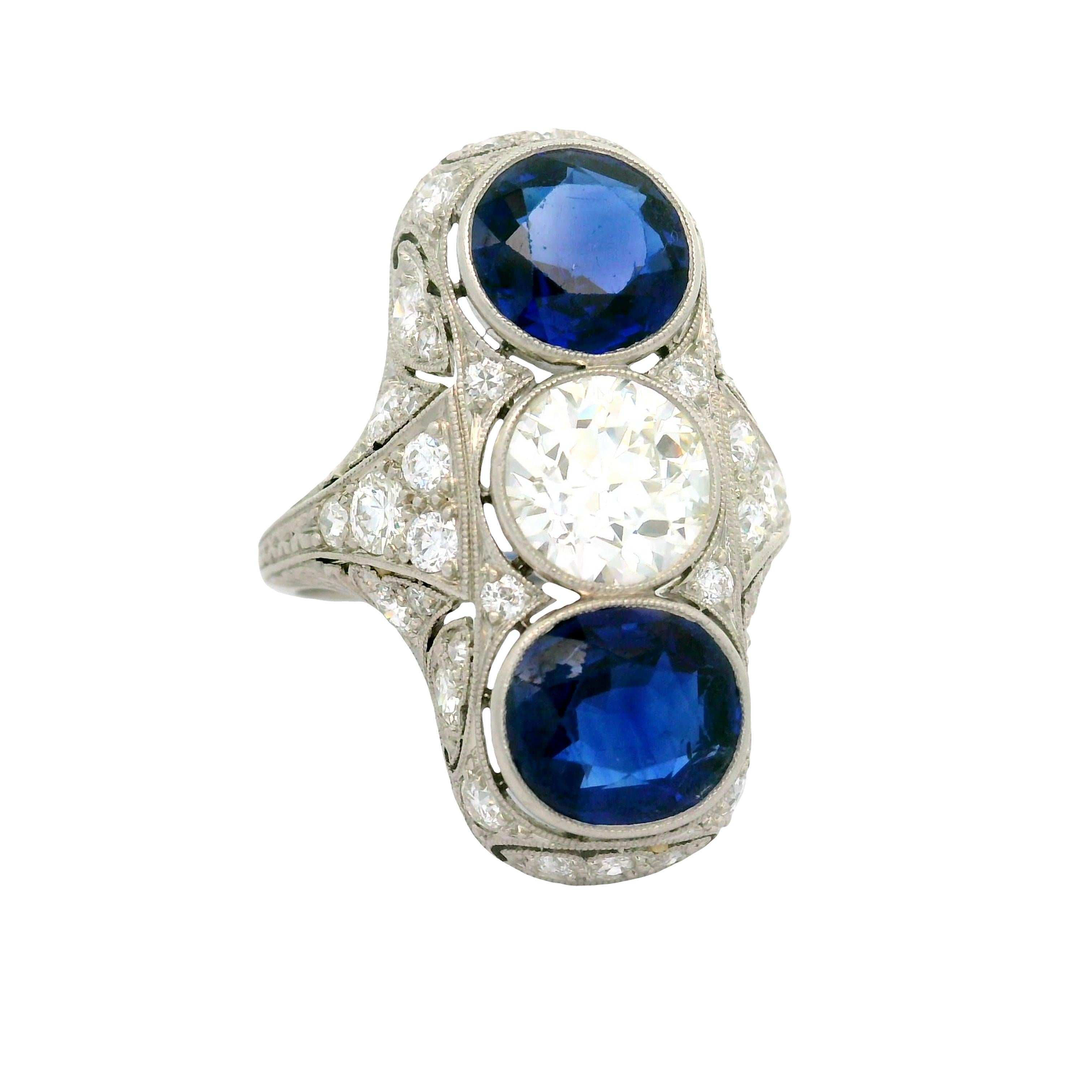 Art Deco Blue Sapphire Diamond Platinum Navette Ring