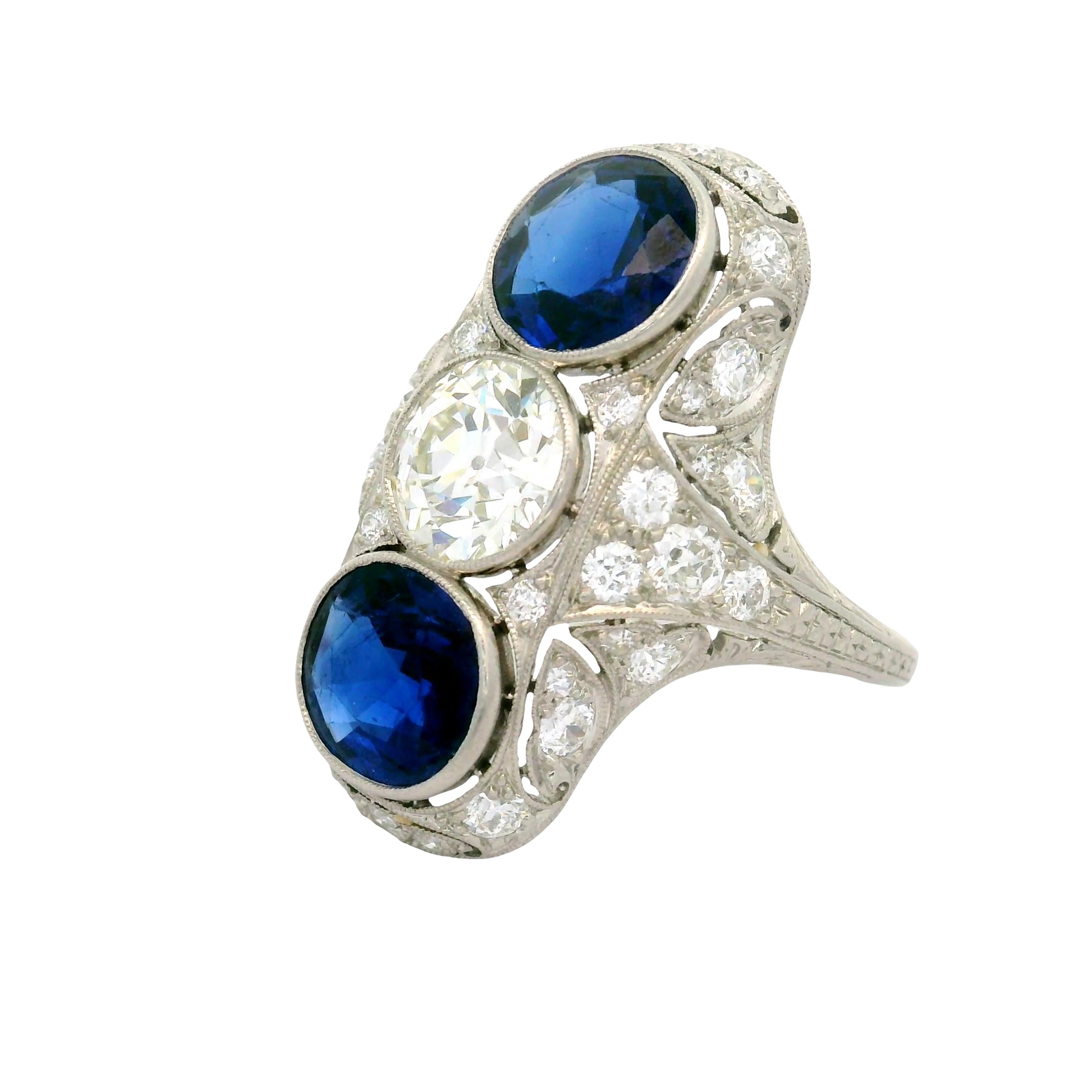 Art Deco Blue Sapphire Diamond Platinum Navette Ring
