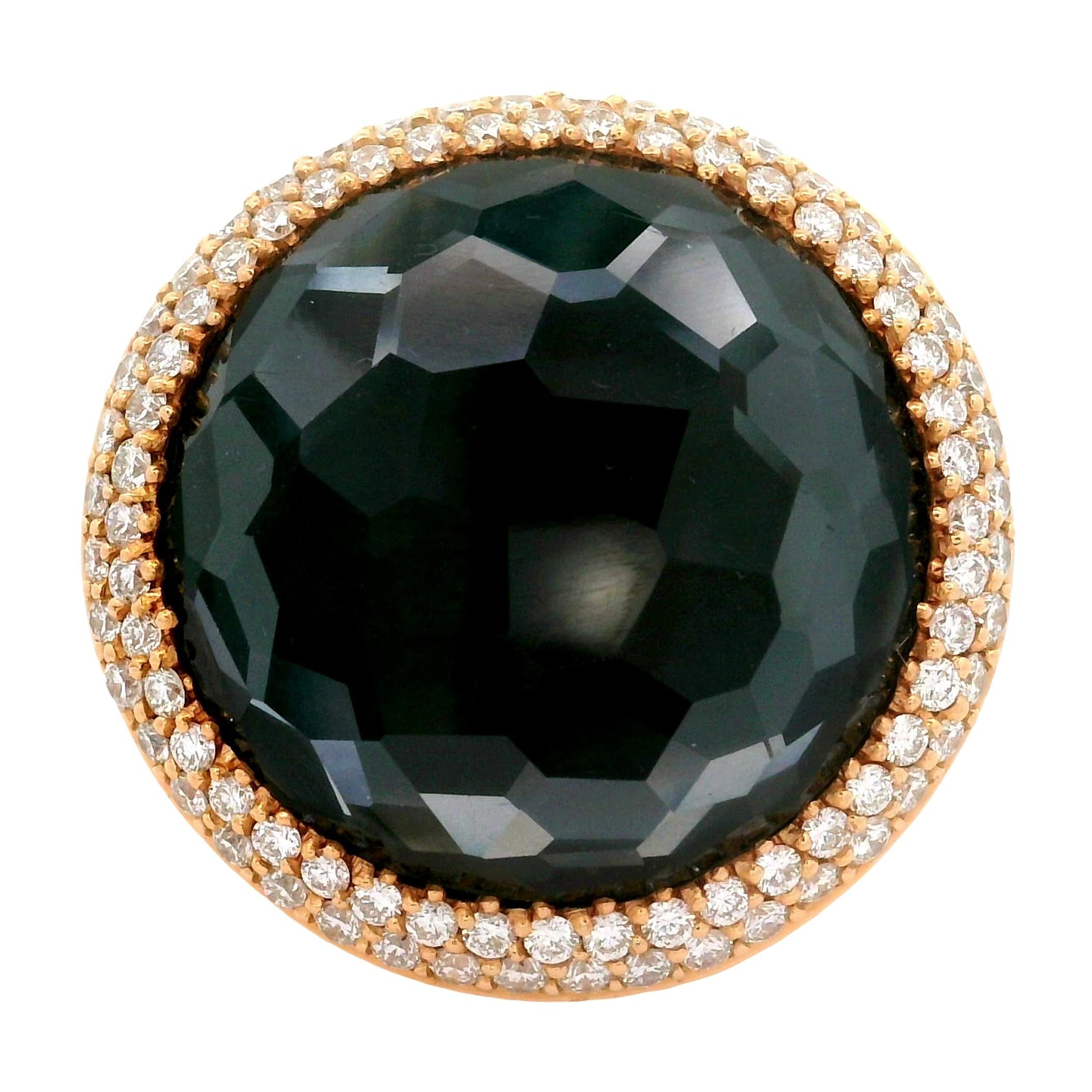 Quartz Black Onyx Diamond 18k Yellow Gold Double Halo Cocktail Ring