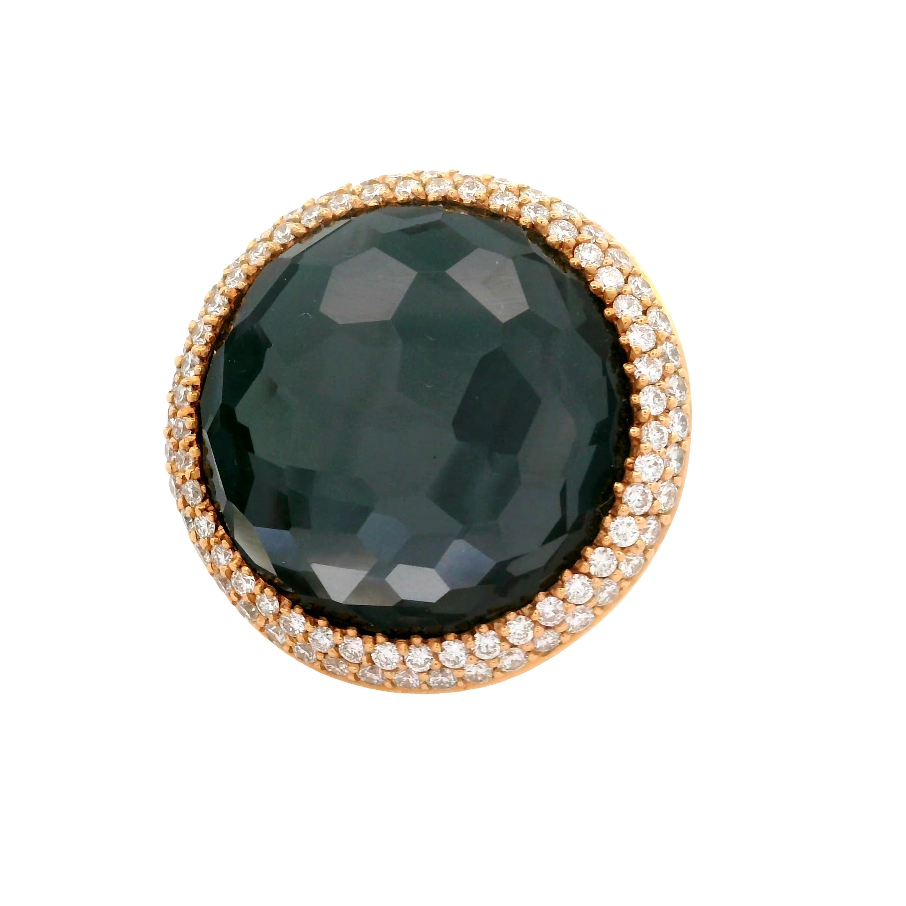 Quartz Black Onyx Diamond 18k Yellow Gold Double Halo Cocktail Ring