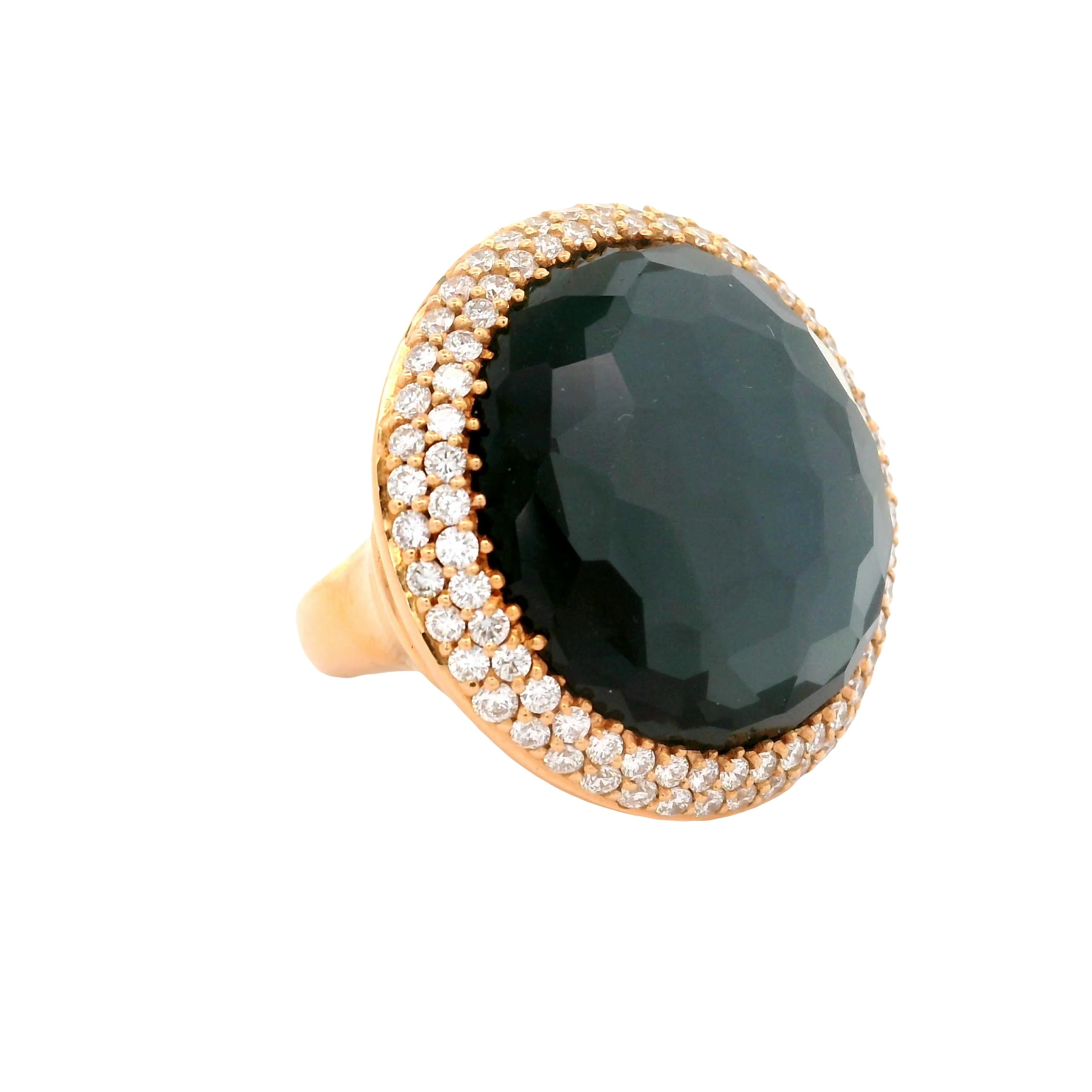 Quartz Black Onyx Diamond 18k Yellow Gold Double Halo Cocktail Ring