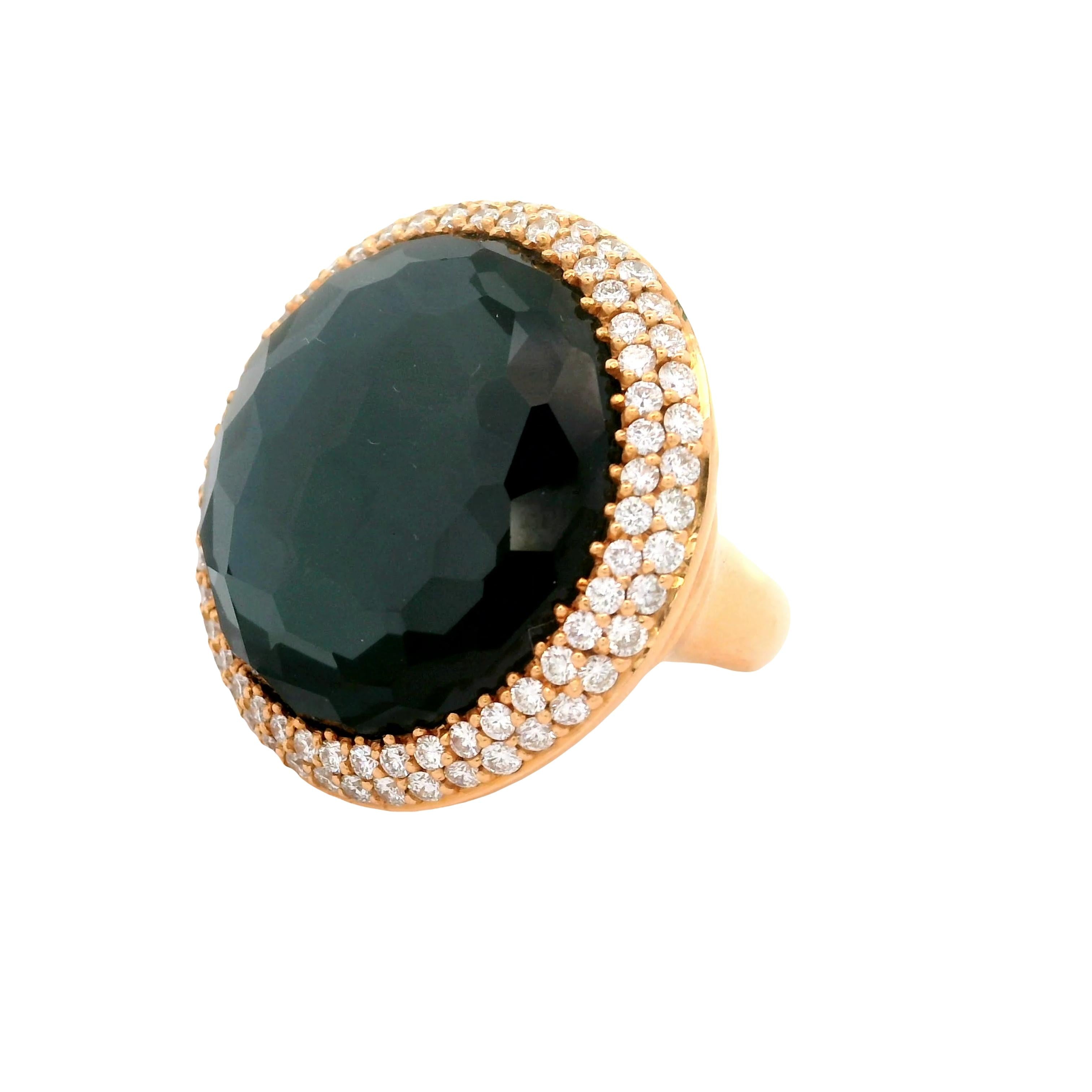 Quartz Black Onyx Diamond 18k Yellow Gold Double Halo Cocktail Ring