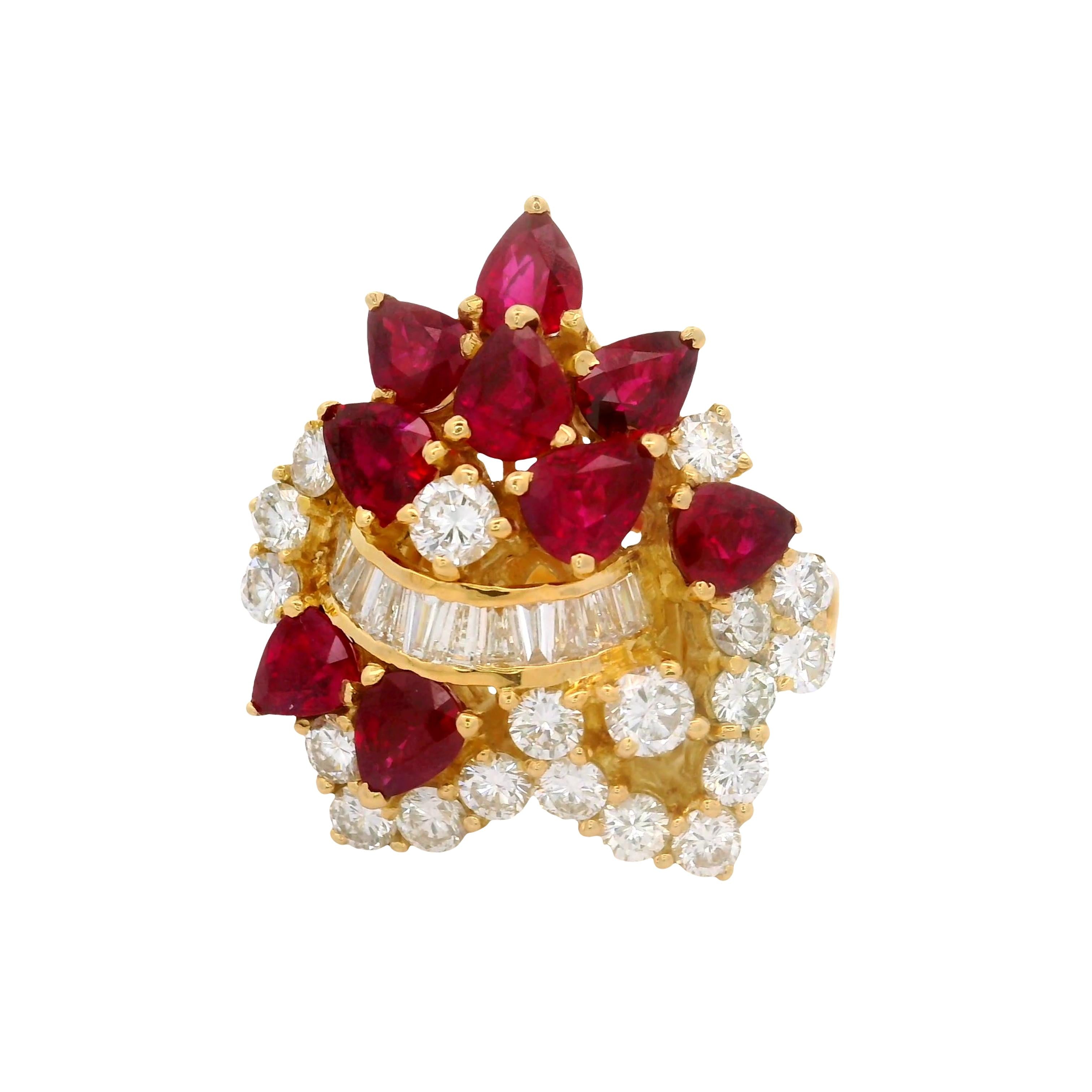 Ruby Diamond 18K Yellow Gold Cluster Cocktail Ring