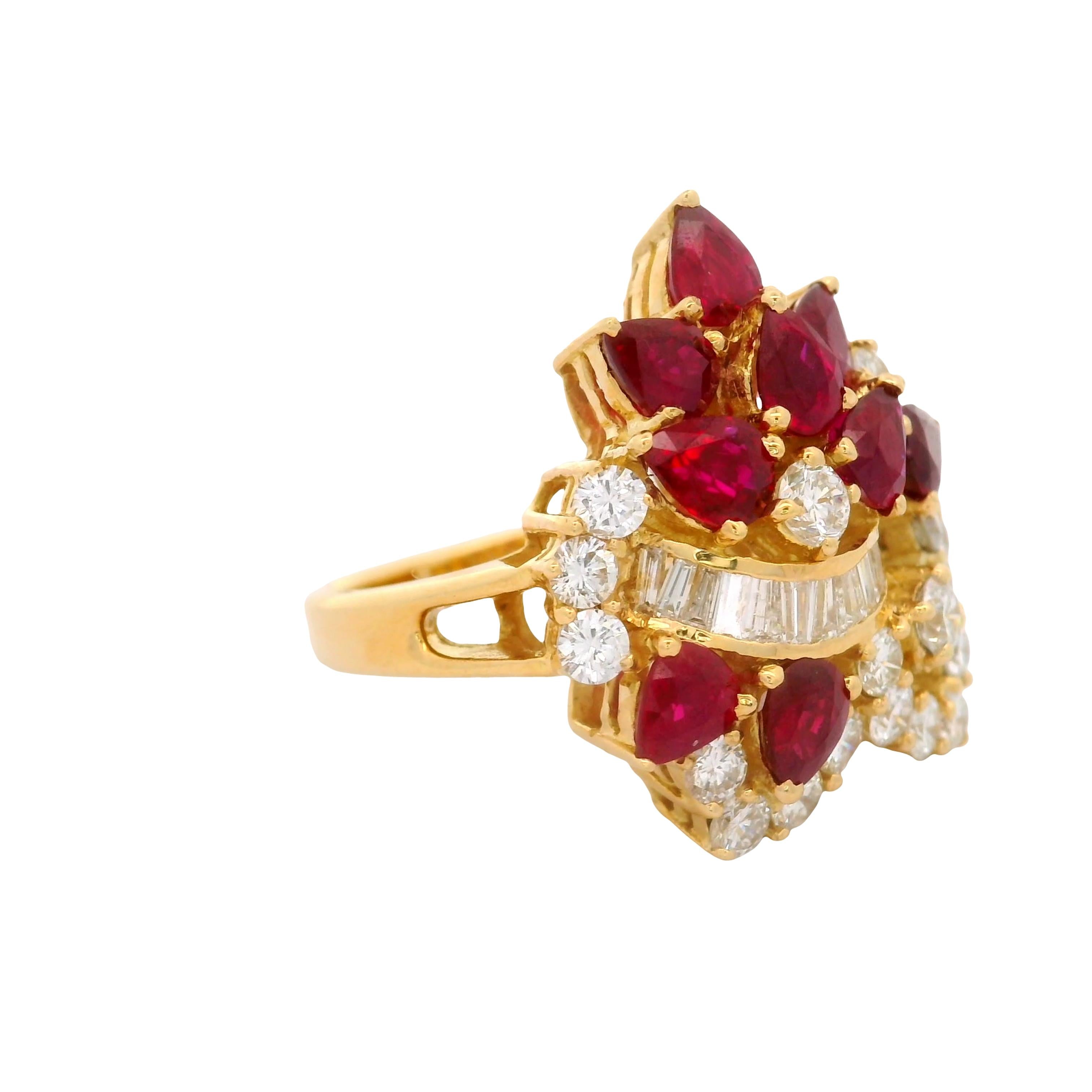 Ruby Diamond 18K Yellow Gold Cluster Cocktail Ring