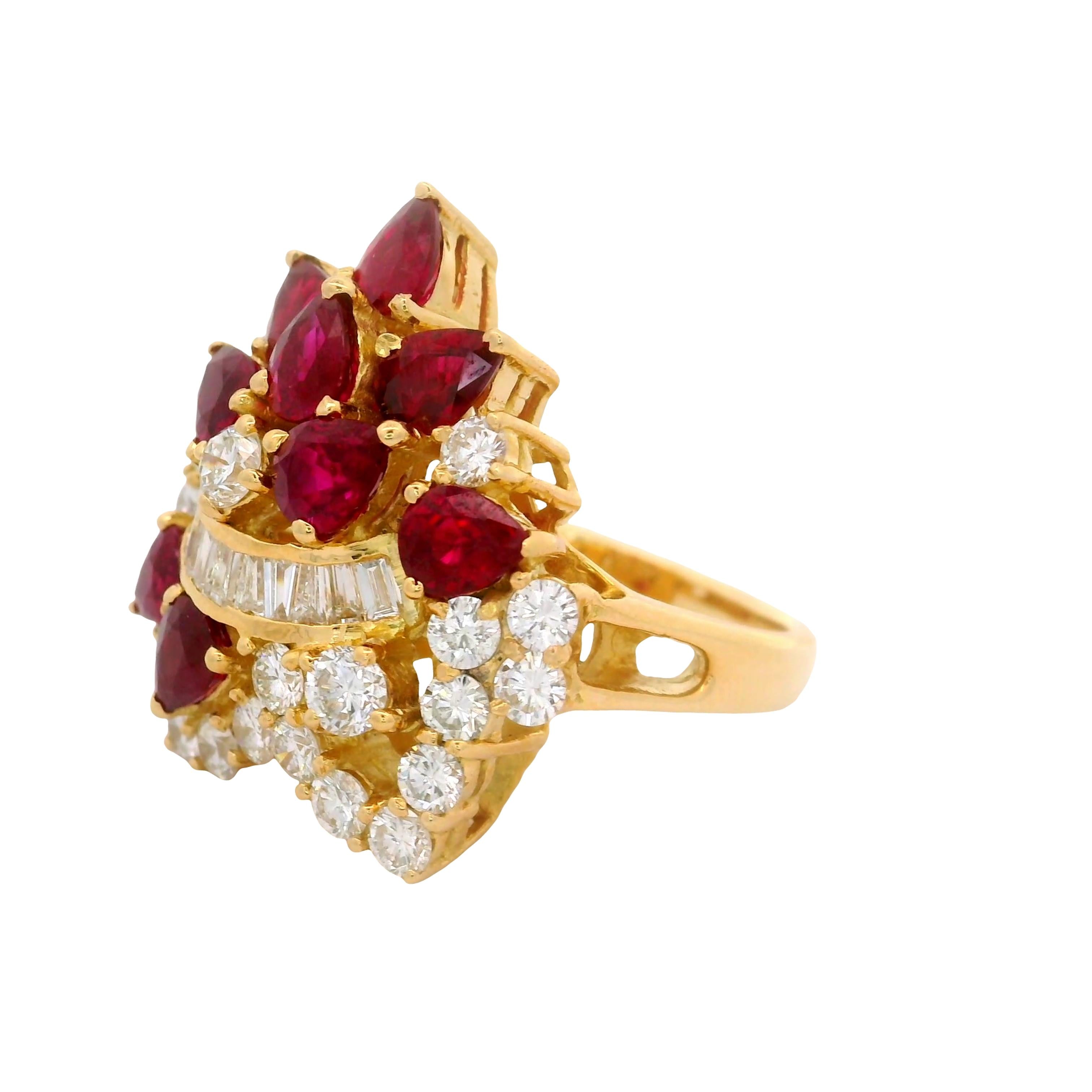 Ruby Diamond 18K Yellow Gold Cluster Cocktail Ring