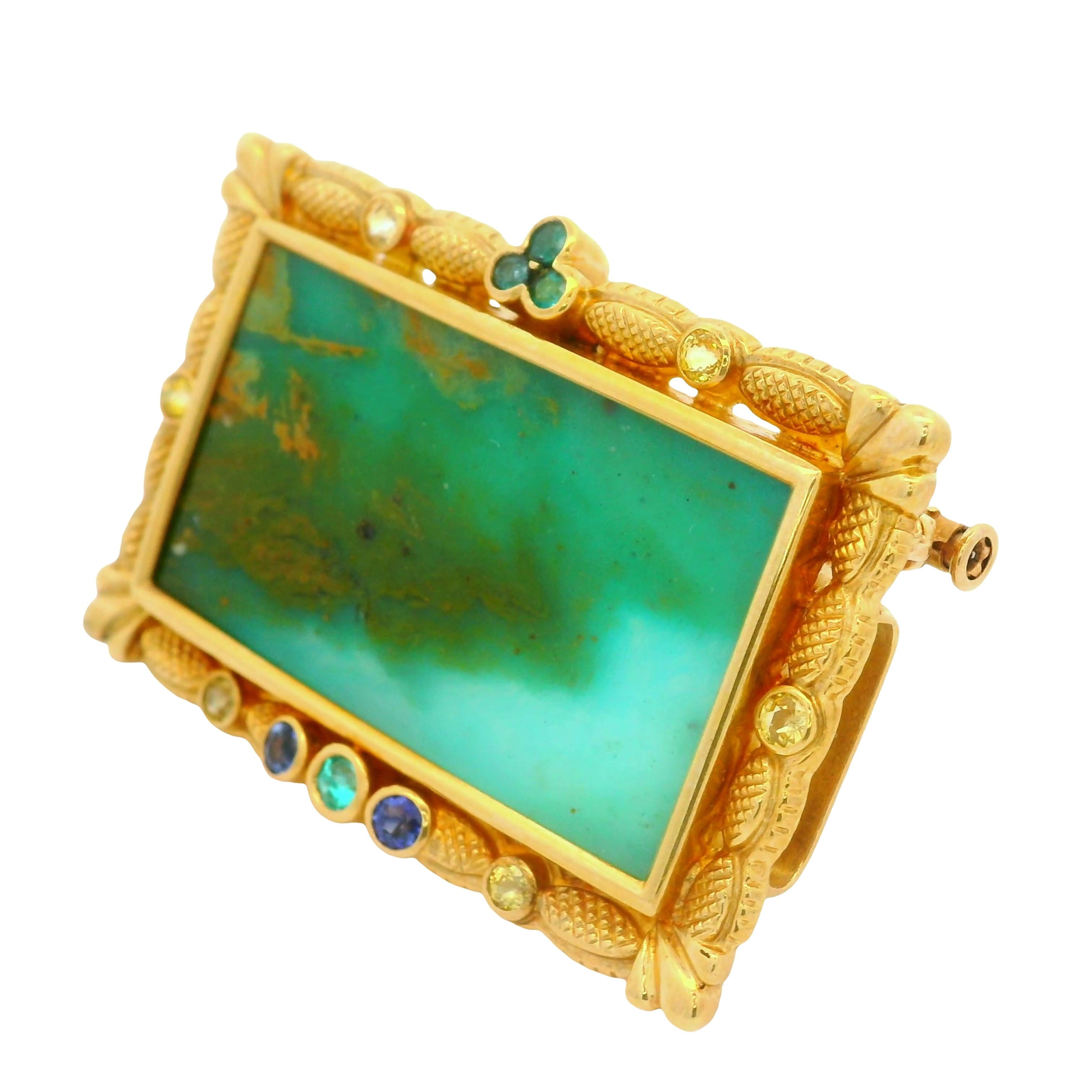 21.75 Carat Opal Sapphire Paraiba 18K Yellow Gold Portrait Brooch-Pendant
