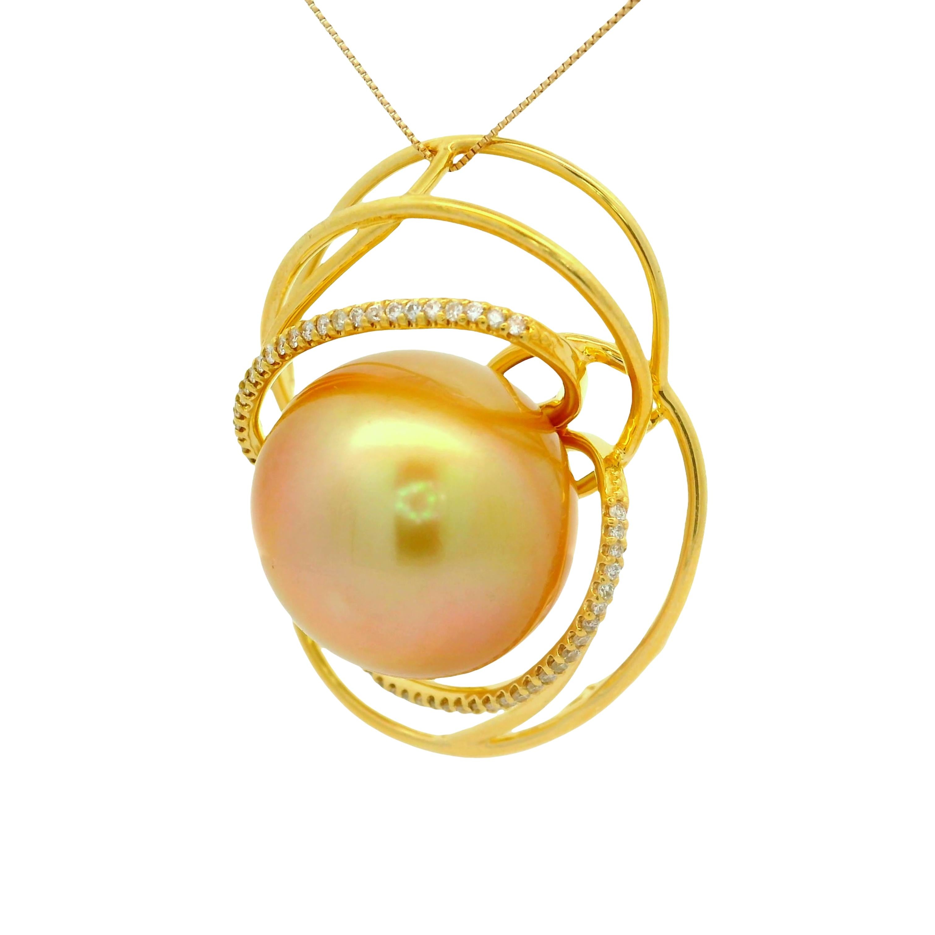 18mm Golden South Sea Pearl Diamond 18k Yellow Gold Orbital Pendant Chain