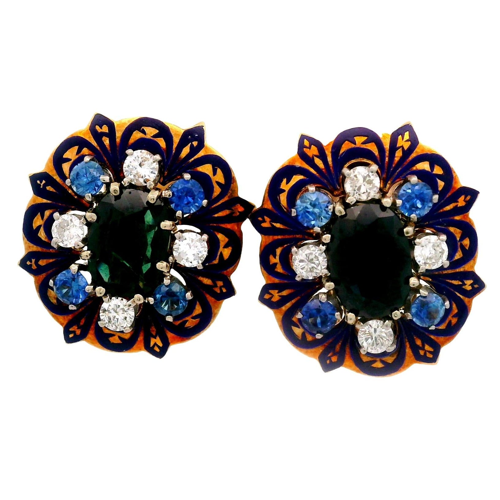 Mid-Century Sapphire Diamond Enamel 14k Yellow Gold Earrings