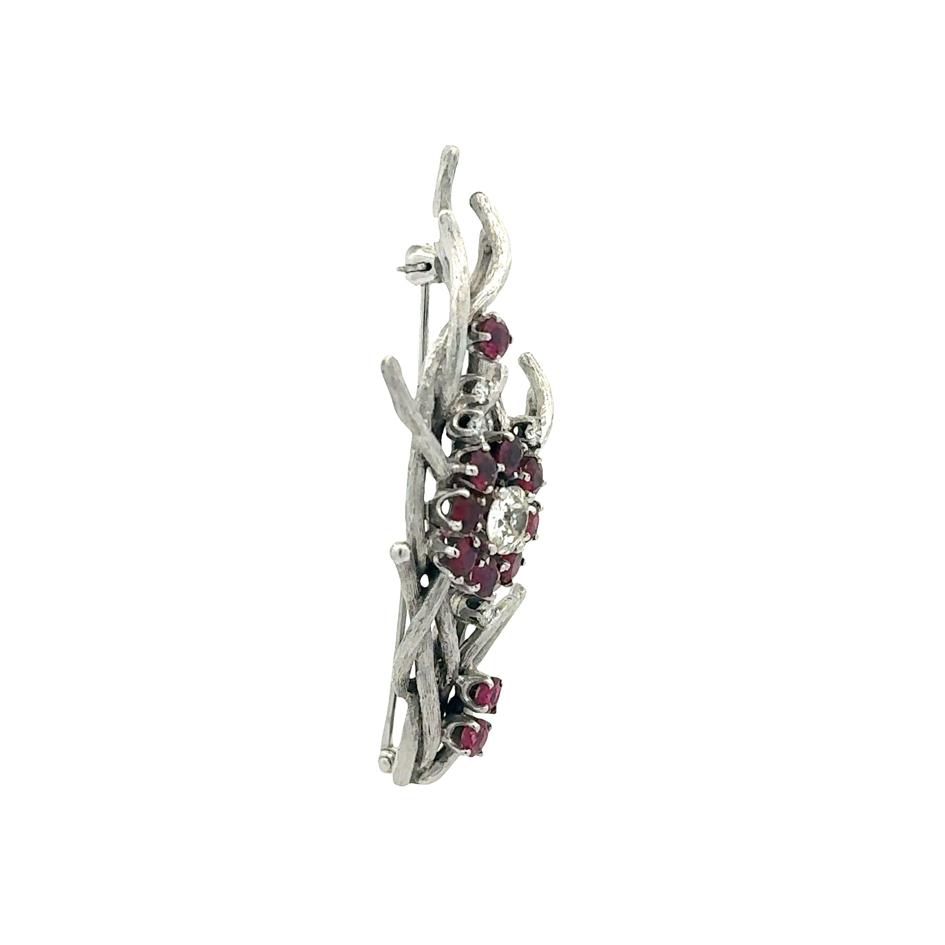 Ruby Diamond 18K White Gold Floral Motiff Brooch