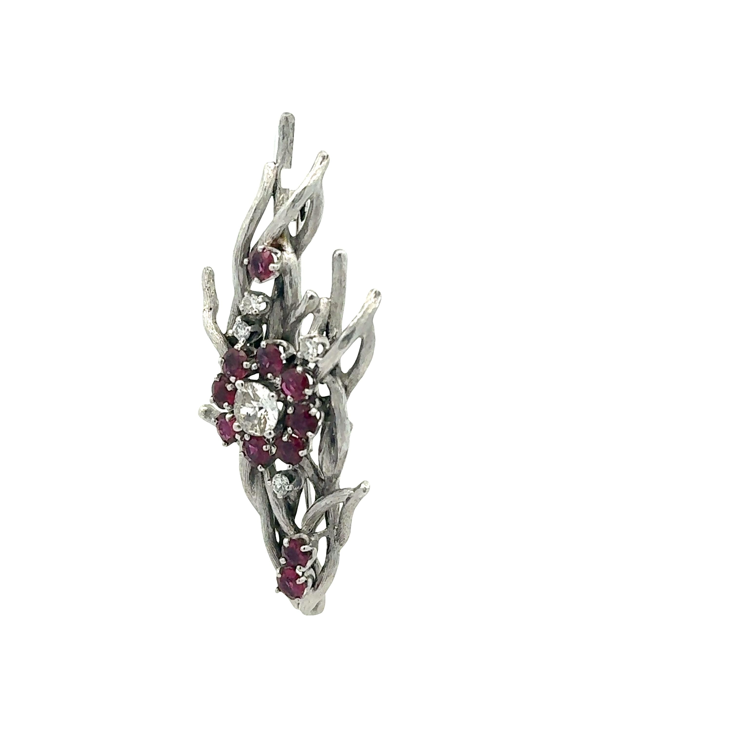 Ruby Diamond 18K White Gold Floral Motiff Brooch