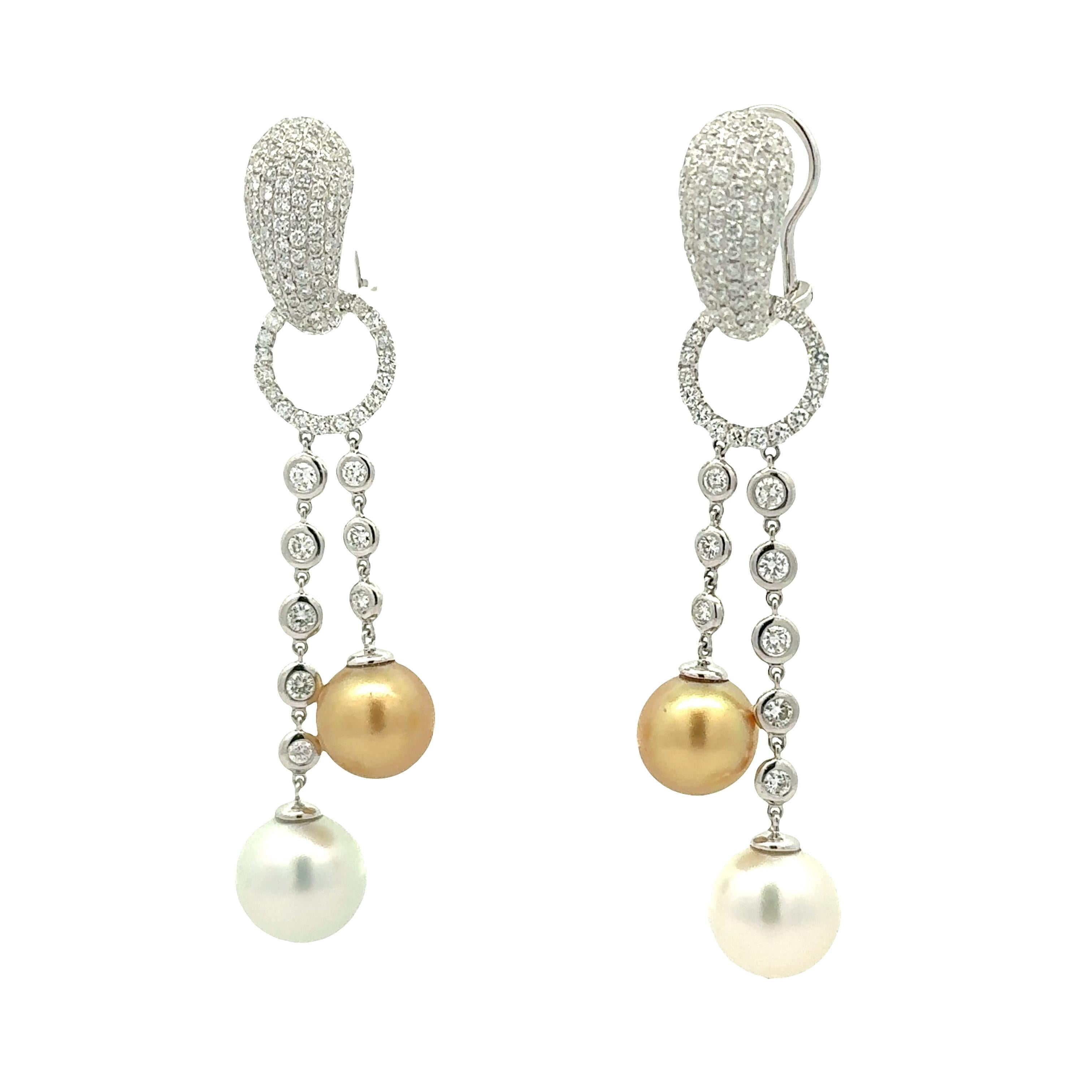 11mm South Sea Pearl Diamond 18k White Gold Huggie Drop Dangle Earrings