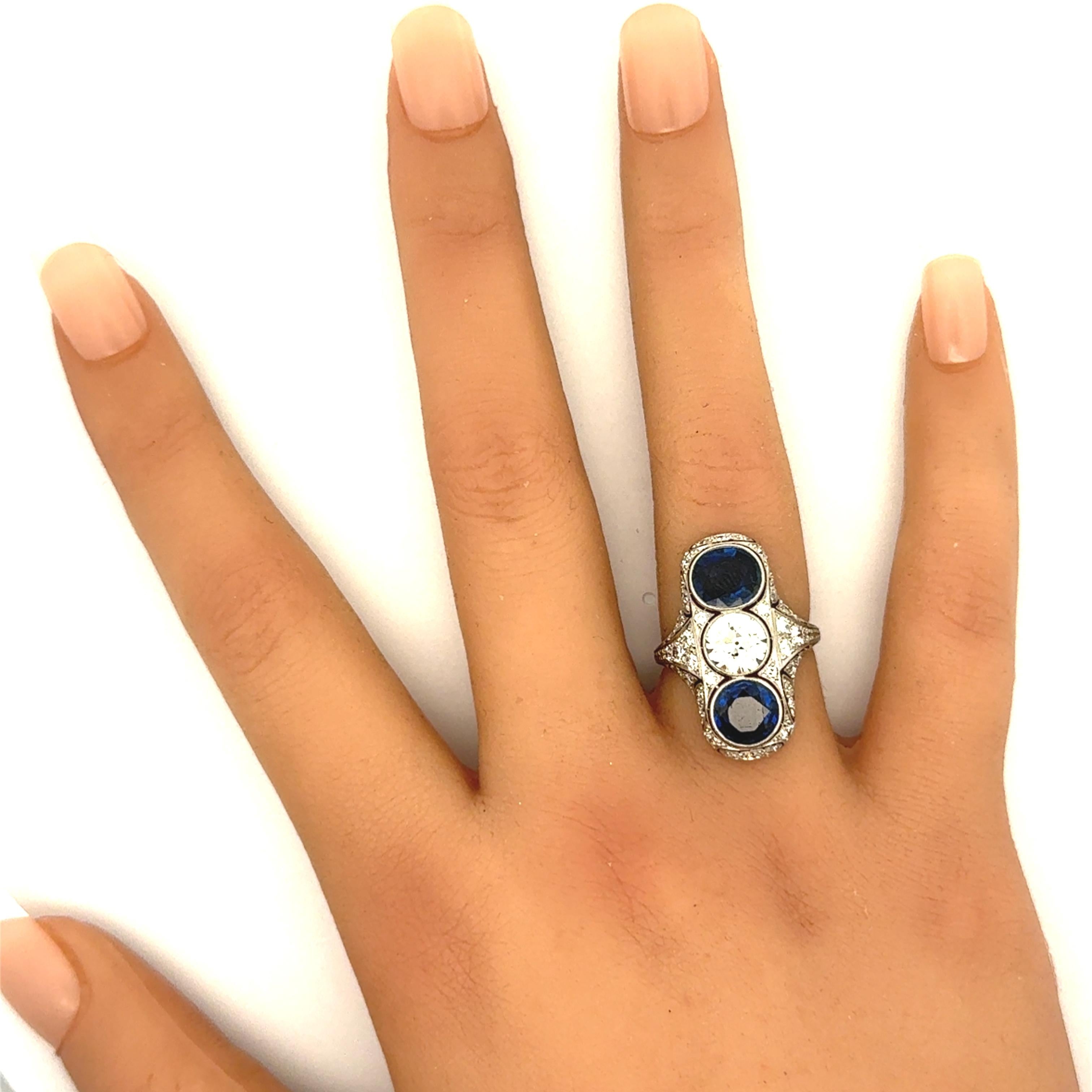 Art Deco Blue Sapphire Diamond Platinum Navette Ring